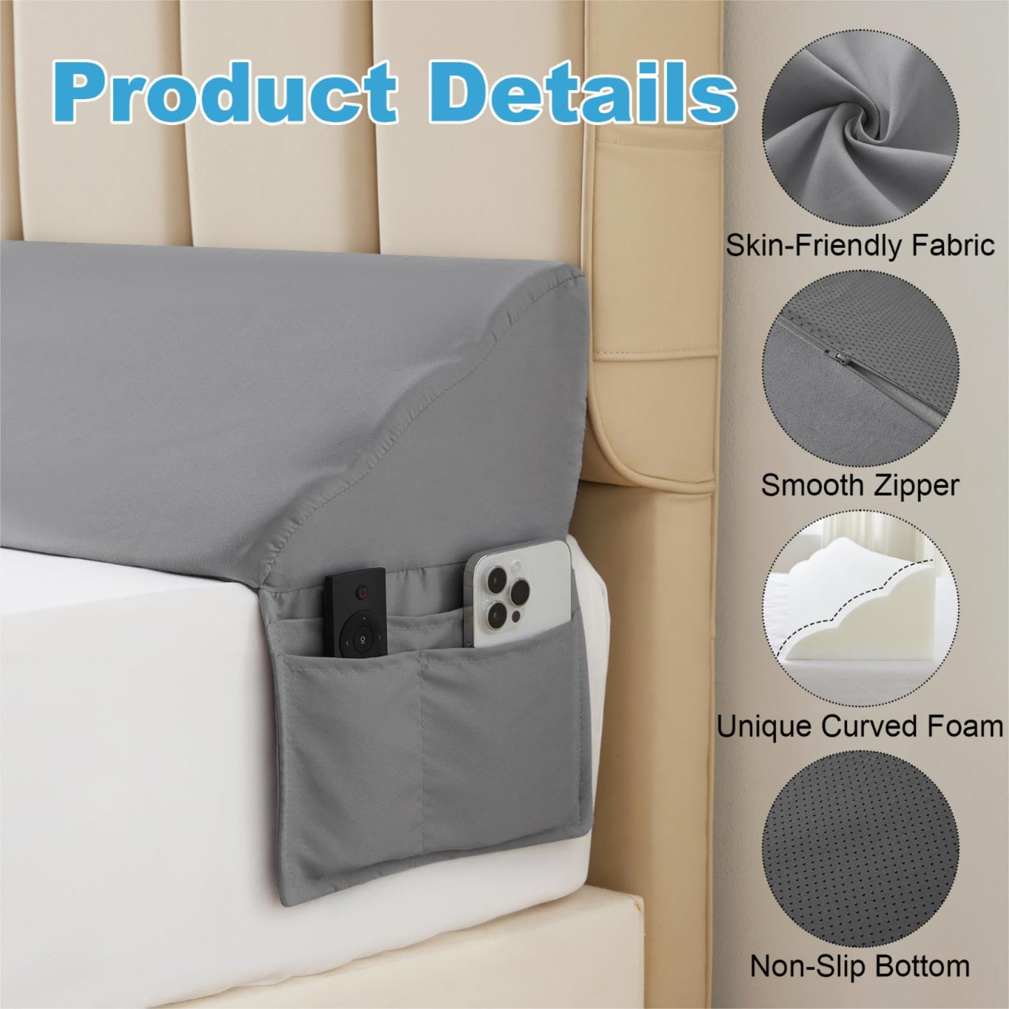 MEGCXIT King Bed Wedge Pillow for Headboard, 76"x10"x6", Bed Gap Filler, Headboard Pillow, Anti-Slip Gap Pillow with Side Pockets, Removable Cover, Grey