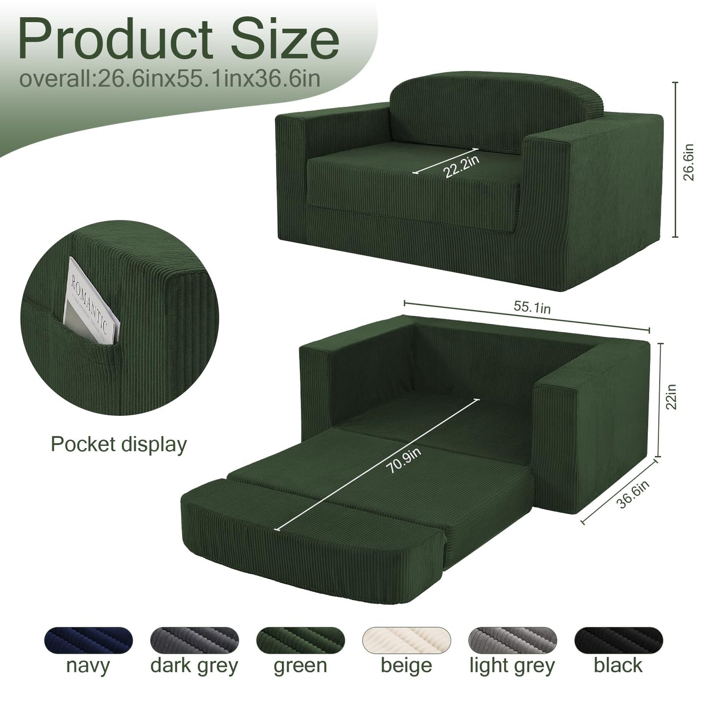 MeMoreCool Green Corduroy Fold-Out Loveseat Sofa Bed – Boneless Convertible Floor Couch with Foam, Compact Sleeper Futon with Washable Cover, No Assembly Required for Small Spaces & Bedroom