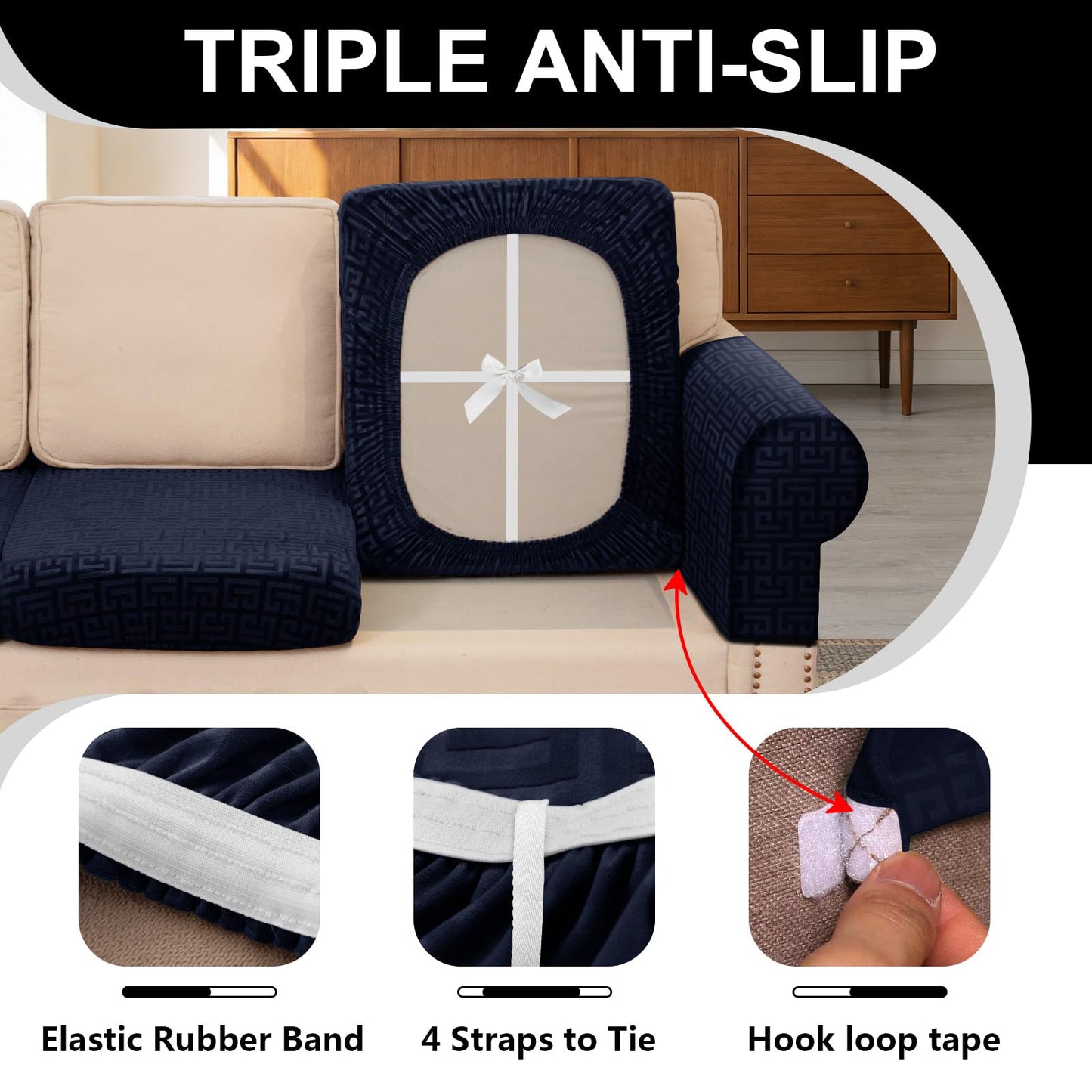 UNBBRRL 10 Pieces Stretch Sofa Cushion Covers for U-Shaped Modular Sectional Couch with 4 Seats+4 Backs+2 Arms, Upholstered Covers for Sofa Bed with Deep Double Chaise (Dark Blue,10 Pieces Set)