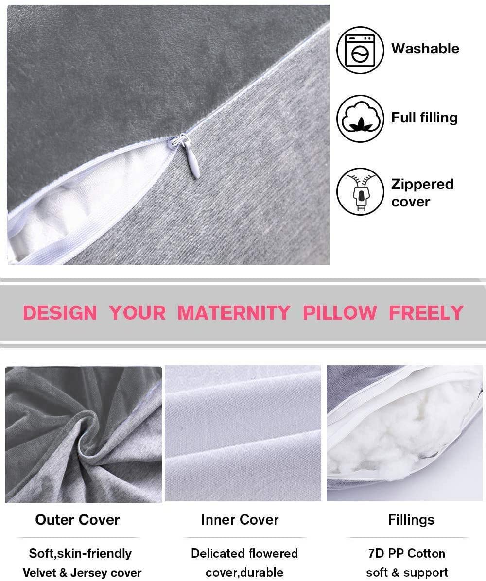 AS AWESLING 60in Full Body Pillow | Nursing, Maternity and Pregnancy Pillow | Extra Large U Shape Pillows with Detachable Side, Separate Support Pillow and Removable Cover (Velvet and Jersey Grey)