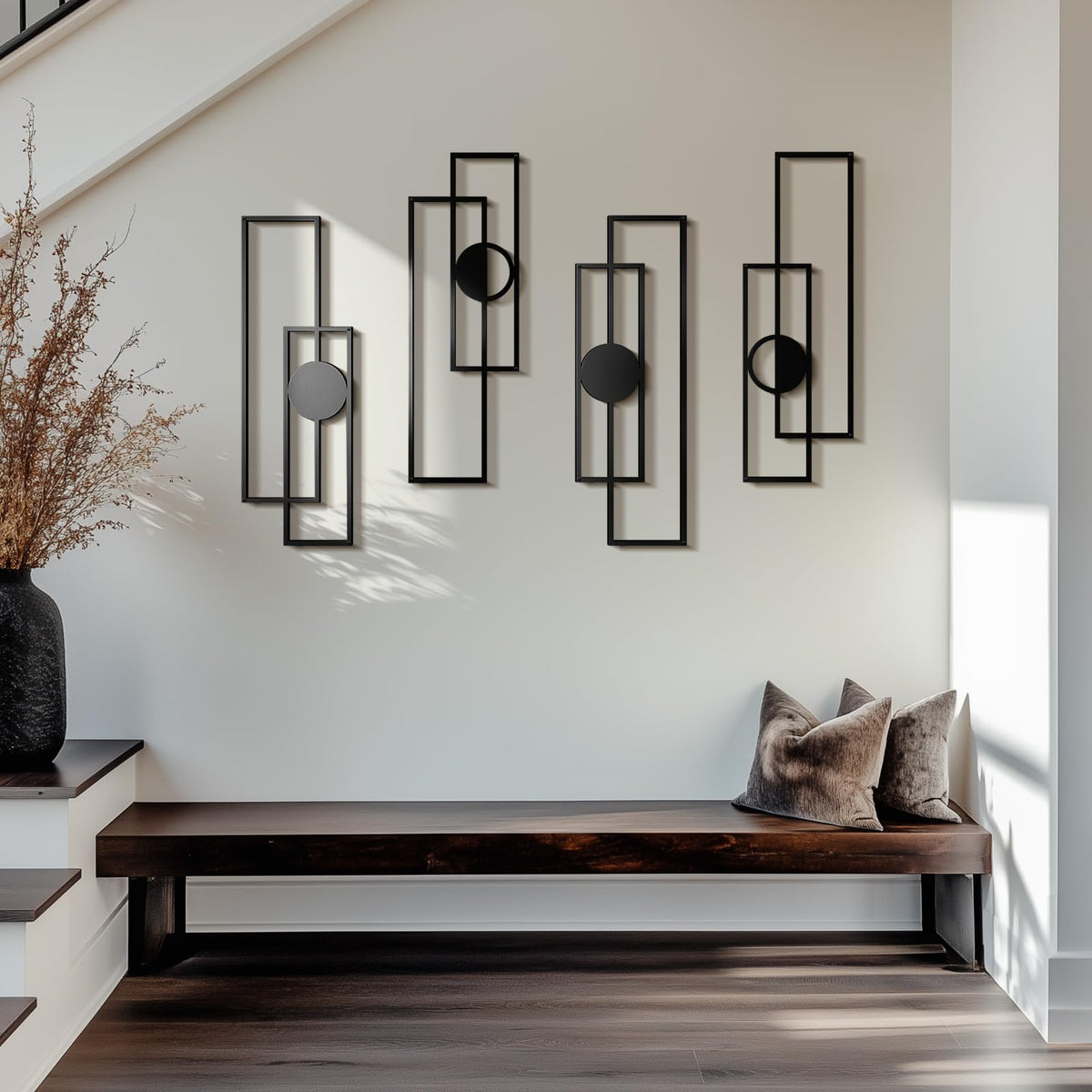 Abstract Black Metal Wall Art for Living Room, 4 Pack Large Wall Sculptures Minimalist Modern 3D Textured Geometric Metal Wall Decor for Bedroom Bathroom Kitchen Study