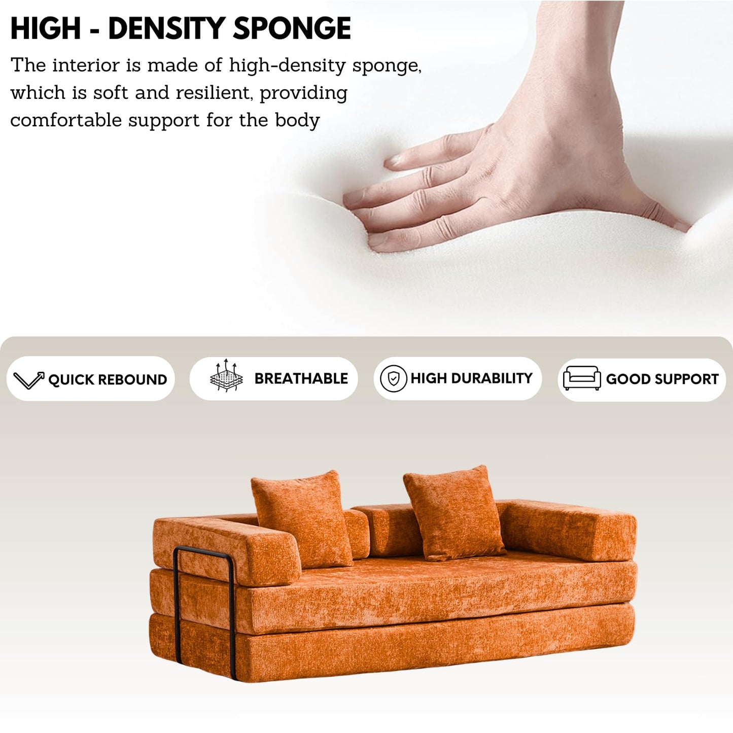 Alpen Futon Sofa Bed Full Size, 4-in-1 Sleeper Sofas with L-Shaped Armrests, Small Sofa Bed Couch for Small Spaces Loveseat Sleeper for Living Room Bedroom, Chenille, Orange