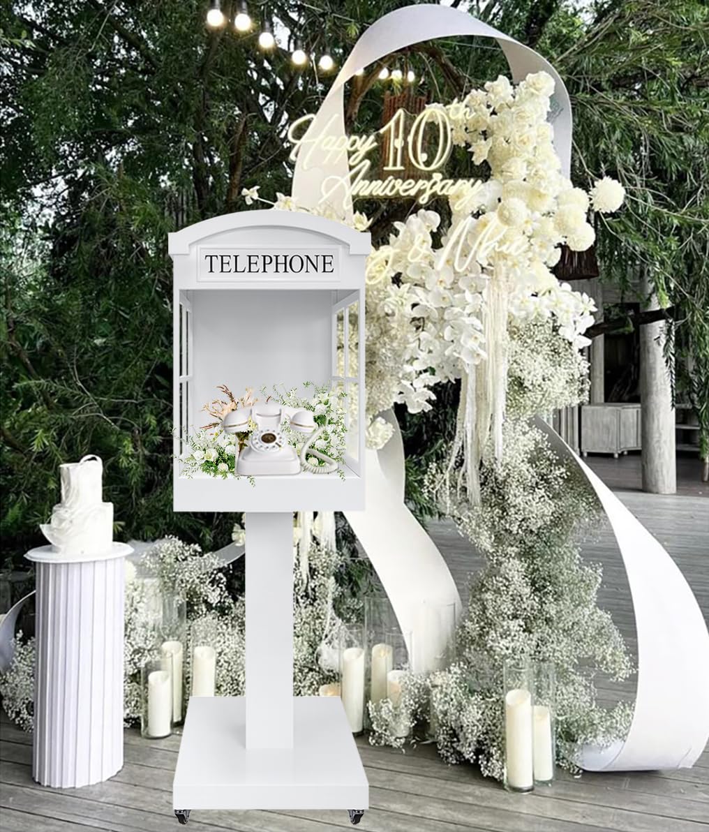 ROOMEDAL Audio Guest Book Phone Booth Stand with Wheels, Romantic Metal Audio Guestbook Telephone Booth for Wedding Birthdays Party Graduation Baby Shower Retirement Special Occasions Decoration