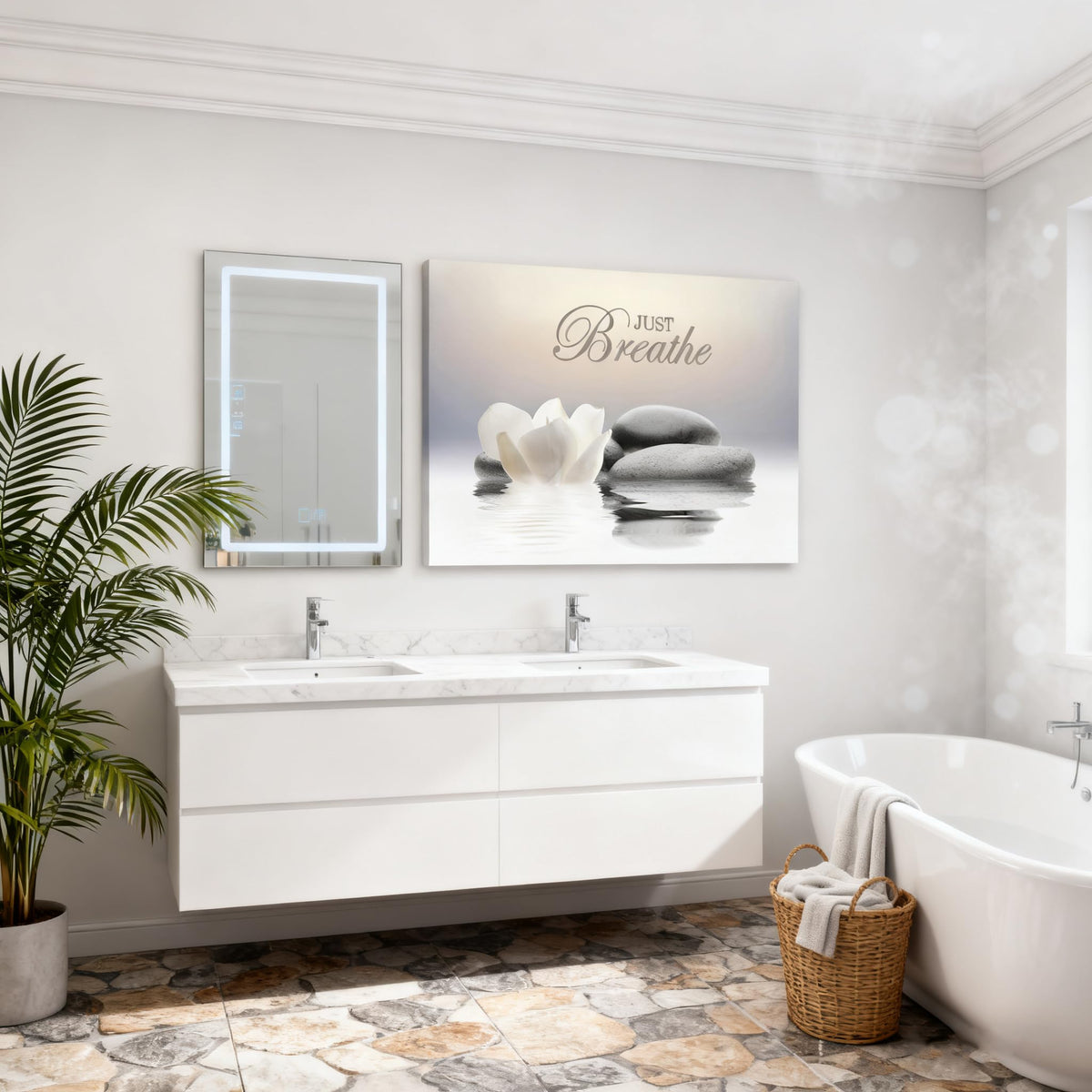 YTAPIFS Zen Stone Wall Art White Lotus Flower Prints Artwork Modern Zen Spa Poster Just Breathe Yoga Quotes Pictures Wall Decor for Yoga Room office Bathroom Meditation room 12 x 16 in