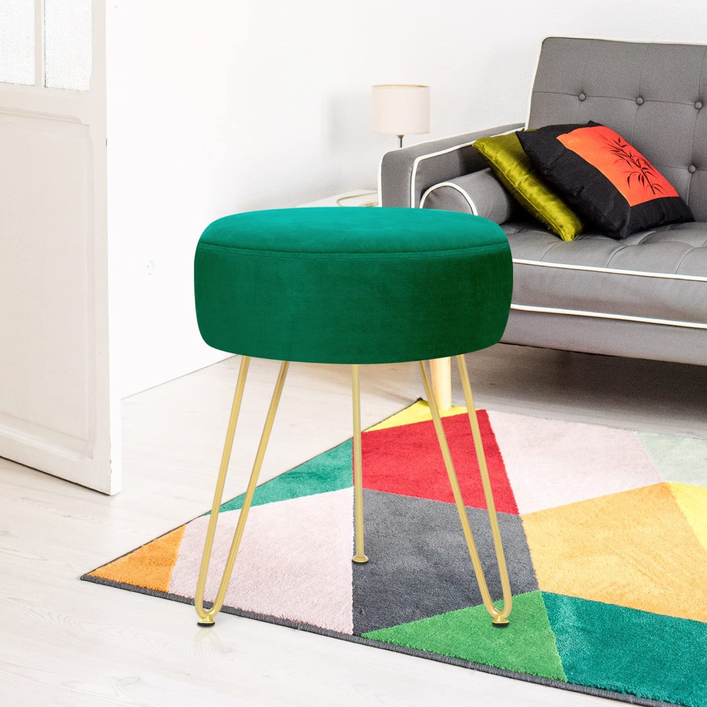 YOONIC Velvet Soft Modern Vanity Footstool -Round Footrest Stool Ottoman Side Table Seat Dressing with Golden Metal Leg and Sponge Filling,Upholstered Foot Rest, for Living Room and Bedroom Teal