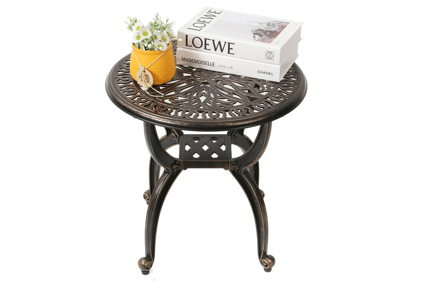 C/G patio casa C/G Cast Aluminum Side Table,Decorative Outdoor End Table, Ornate Floral Pattern (Round, Copper)