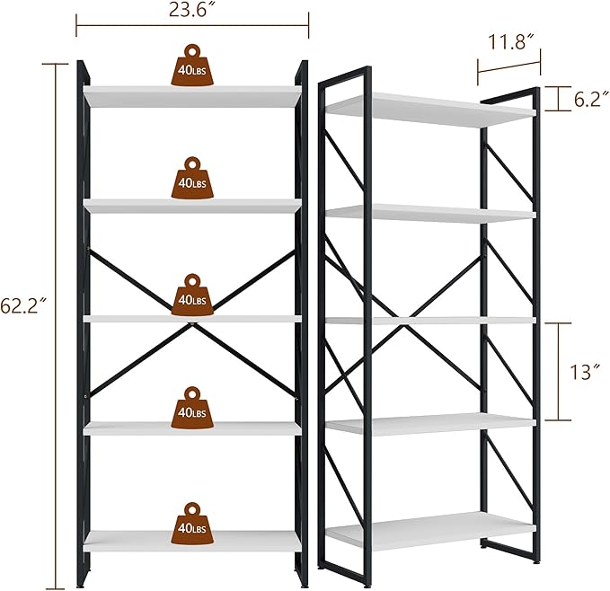 Shintenchi 5 Tiers Bookshelf, Classically Tall Bookcase Shelf, Industrial Book