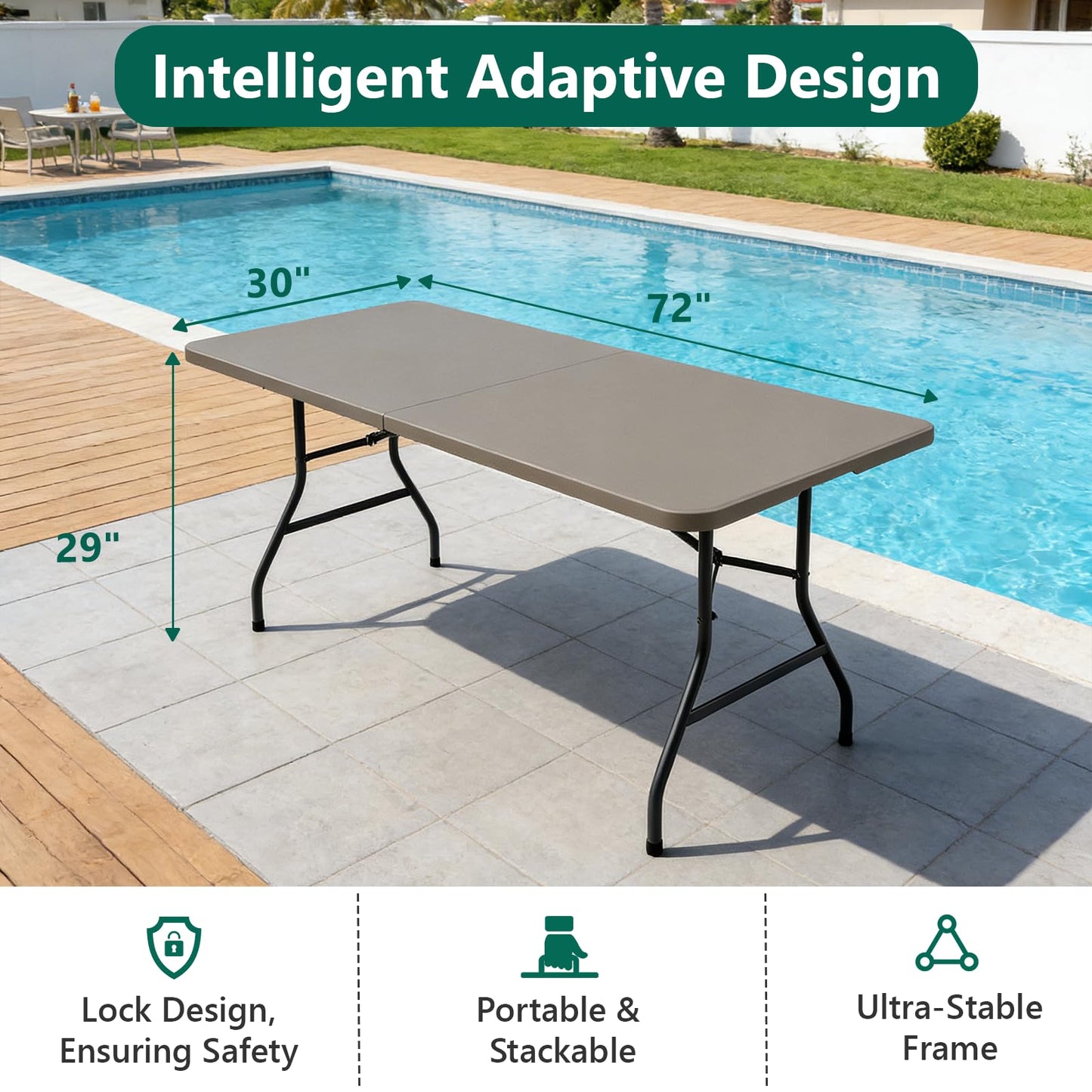 2 Pack Folding Table 6ft - Heavy Duty Plastic Table with Handle, Foldable & Portable, Fold-in-Half Utility Tables for Outdoor, Dining, Wedding, Events, Indoor, Picnic, Camping, Party (Khaki)