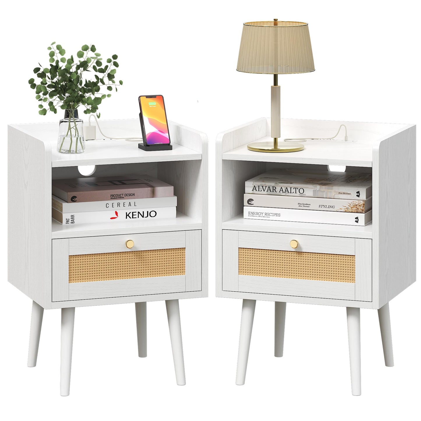 MECHYIN Night Stand Set 2, Nightstands Set of 2 with Charging Station, Rattan Side Tables with Solid Wood Legs, Boho Bedside End Table for Apartment Bedroom Dorm Small Space