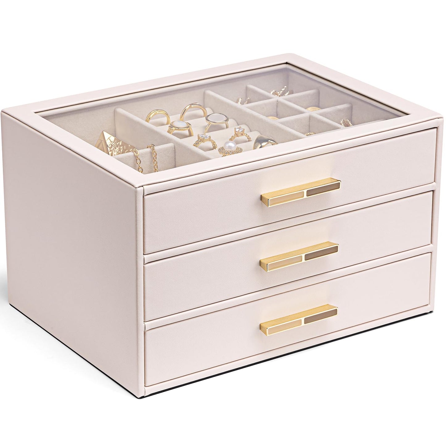 VLANDO Jewelry Box for Women, Glass Lid Jewelry Organizer with 3 Drawers for Necklaces Rings Earrings Bracelets - Light Pink