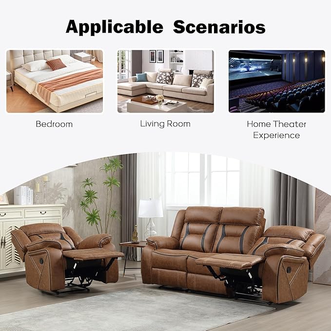 EBELLO Manual Recliner Sofa Set, Faux Leather Reclining Living Room Furniture