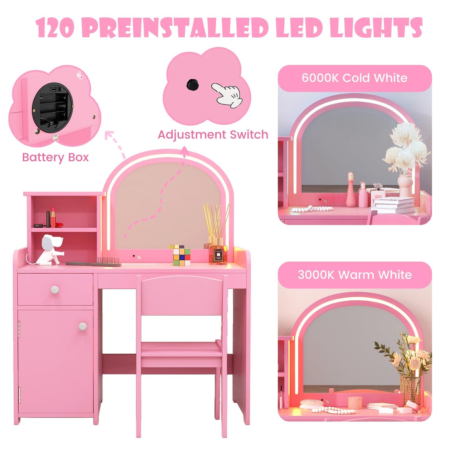 INFANS Kids Vanity, Princess Makeup Desk and Chair Set with Lights Mirror Drawer Storage Shelves, Wooden Dressing Table, Pretend Play Vanity Set for Girls