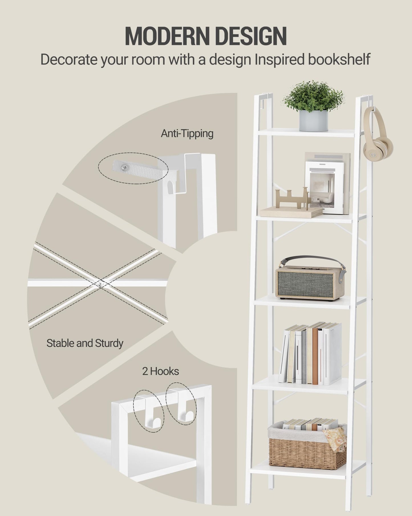 Hzuaneri Ladder Shelf, Bookshelf Bookcase, Freestanding Corner Storage Shelve with 2 Hooks for Home Office, Living Room, Kitchen, Bedroom, Industrial, 11.8" D x 17.3" W x 63" H, White BC19213W