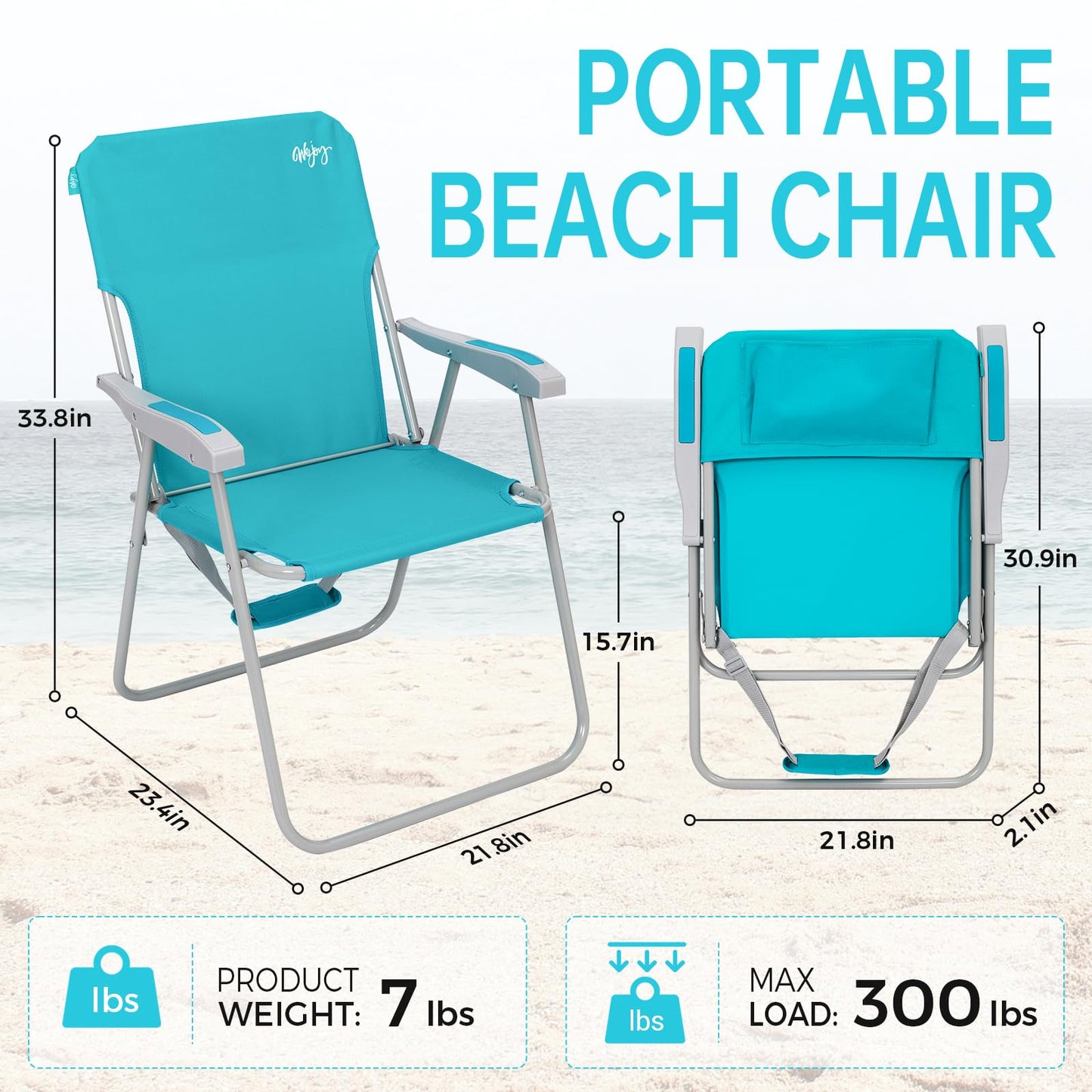 #WEJOY Tall Folding Beach Chair for Adults, Lightweight Beach Chair with Shoulder Straps, High Back Camping Chairs with Hard Armrest, Supports 300lbs for Outdoor Lawn Concert (Cyan)