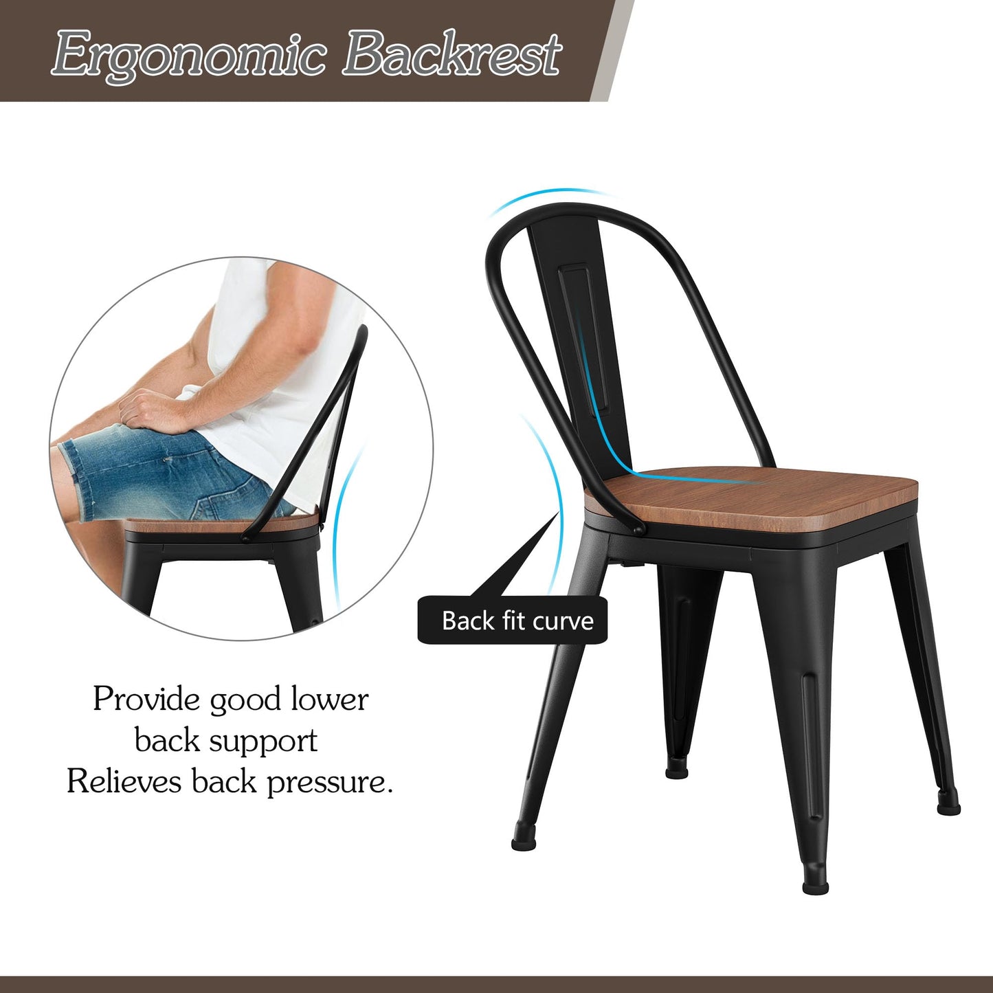 Alunaune 18inch Metal Dining Chair Set of 4 High Back Classic Chic Iron Farmhouse Chairs Industrial Stackable Coffee Stools Bistro Cafe Side Barstools Wood Seat-Black