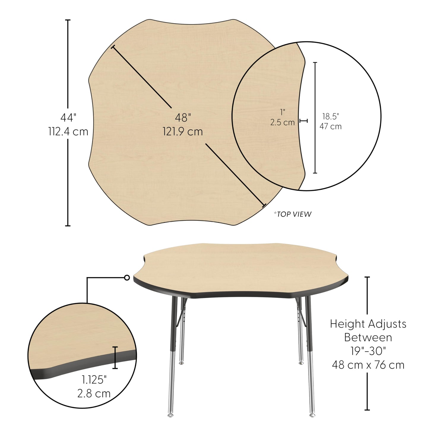 Factory Direct Partners FDP 48" x 48" Clover Thermofused Classroom Activity Table with Standard Swivel Glide Legs, Adjustable Height 19"-30" - Maple/Black - 10130-MPBK
