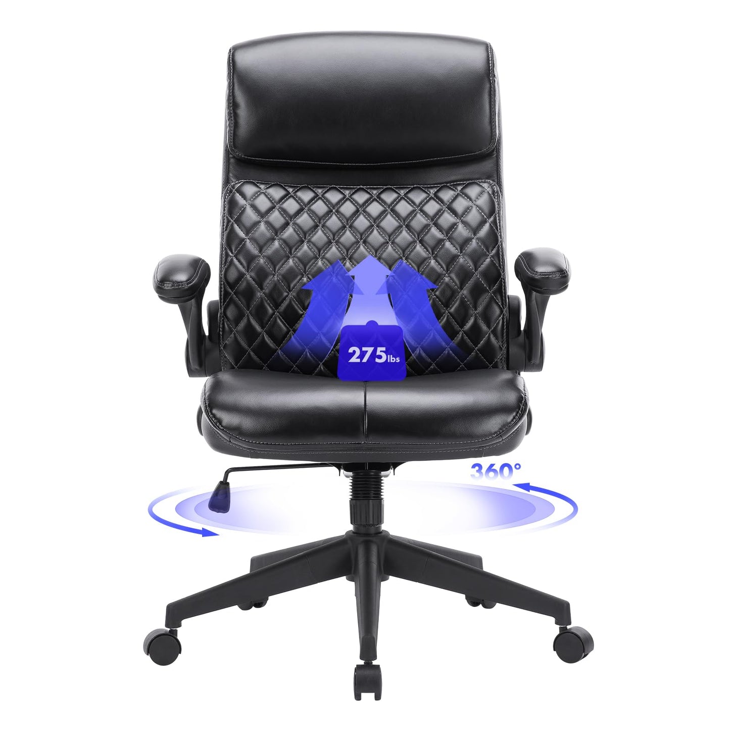 High Back Executive Office Chair-Ergonomic Computer Chair with Flip-up Arms, Executive Leather Office Chair, Adjustable Tilt Tension, Swivel Rolling Home Office Desk Chair-Black,300lbs