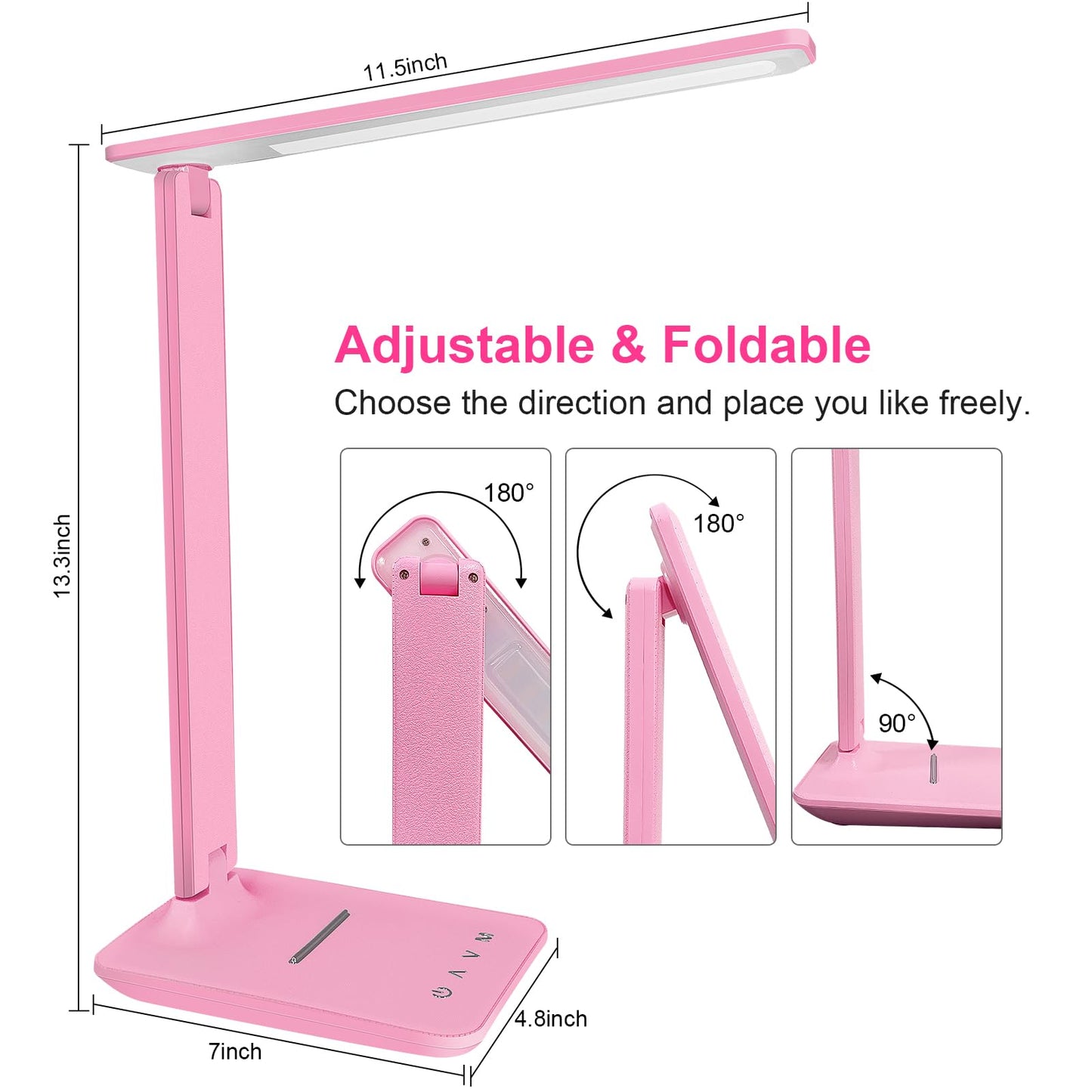 shinelife LED Desk Lamp for Office Home, Bright Desk Light with USB Charging Port, Adjustable Dimmable Desk Lamps 5 Modes 5 Brightness, Touch Study Lamp for Nail, Craft, Puzzle, Sewing, Study, Pink