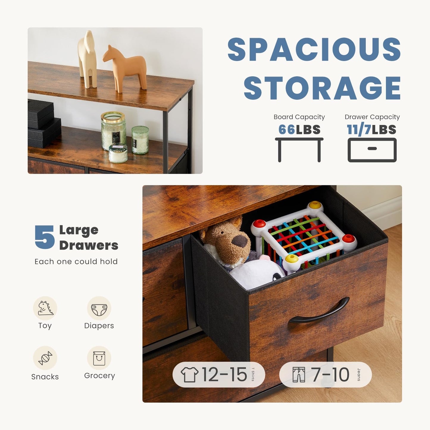 DUMOS TV Stand, Dresser with 5 Fabric Storage Drawers, Media Console Featuring Open Shelf for TV, Compact Entertainment Unit for Bedroom, Living Space, or Dorm Organization, Brown