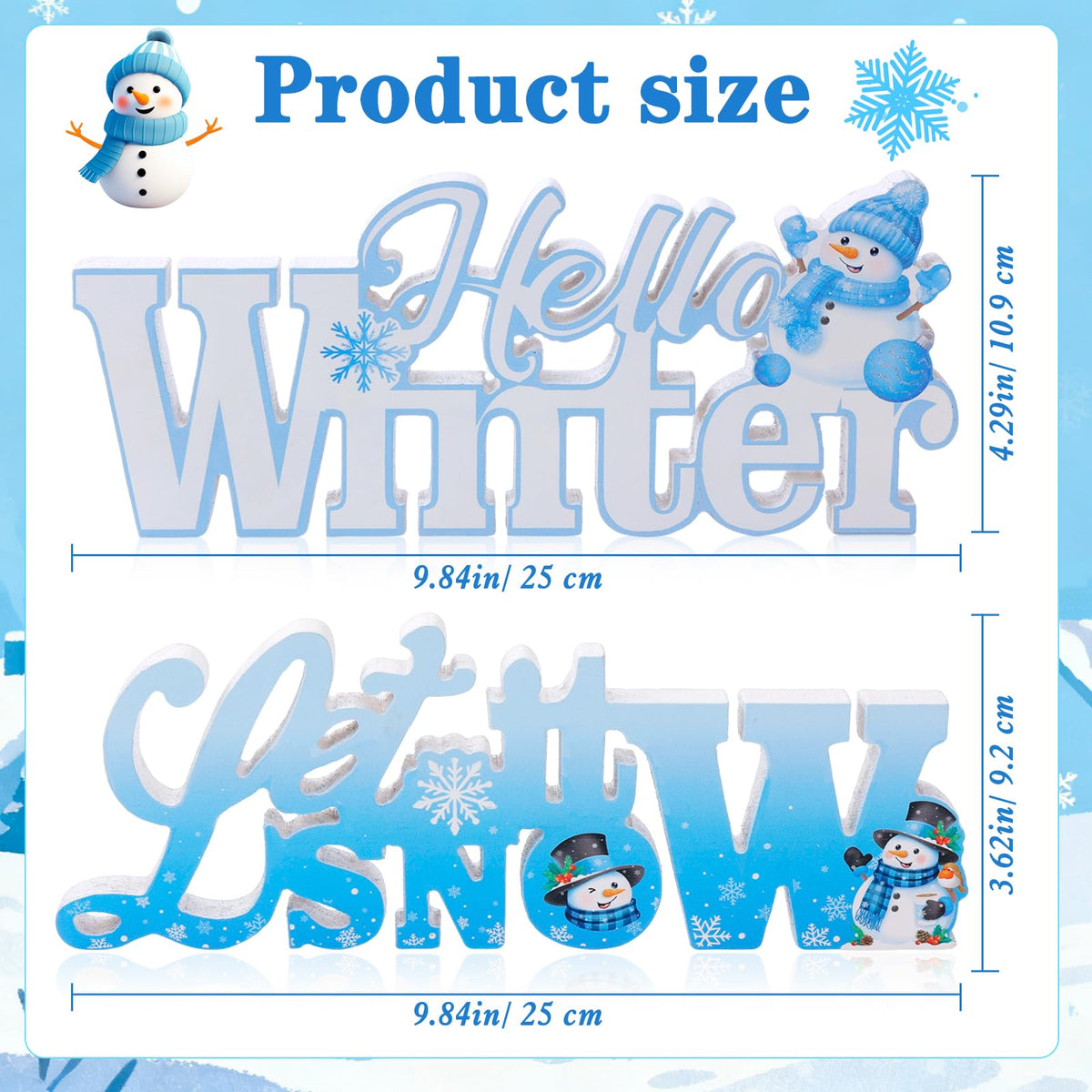 HOWAF 2pcs Wooden Winter Decor Signs, Let It Snow Tabletop Block Sign, Hello Winter Table Centerpiece, Snowflake Snowmen Ornaments for Winters Wonderland Decor Xmas Frozen Tiered Tray Decor