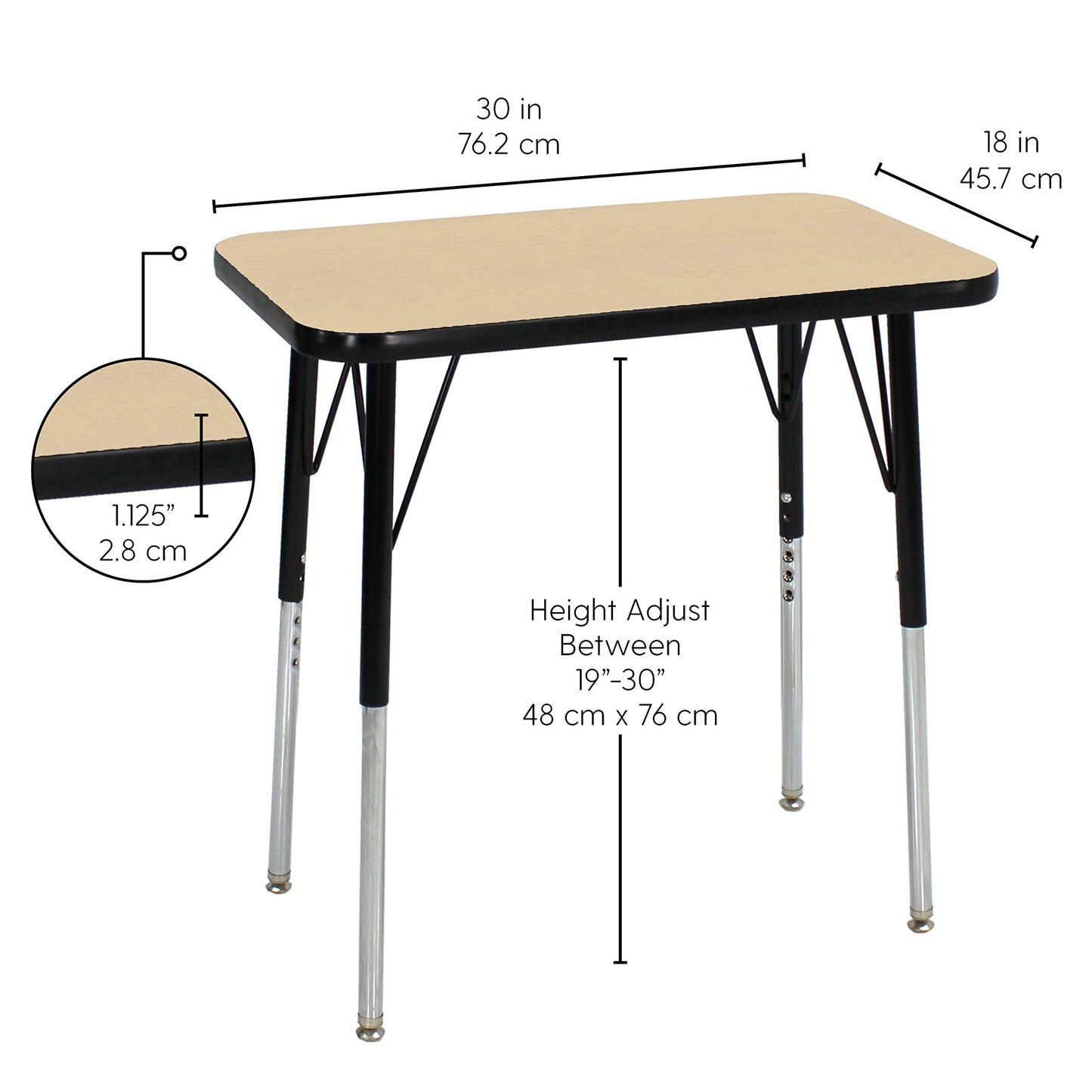 FDP Rectangle Single Student Activity Table (30 x 18 inch), Standard Swivel Glide Legs, Adjustable Height 19-30 inches For Social Distance, Virtual In-Home, Classroom Learning - Maple Top/Black Edge