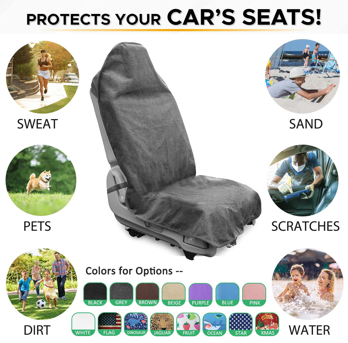 DECKALY Waterproof Sweating Car Seat Cover for Post Gym Workout, Running, Swimming, Beach and Hiking, Universal Fit Non-Slip Towel Bucket Seat Protector for Cars SUV Trucks, Machine Washable (Grey)