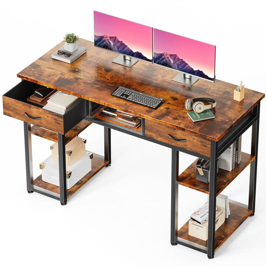 DUMOS 48" Small Computer Home Office Desk for Bedroom with Drawers, Gaming Writing Study Table with Storage Shelf, Adjustable Feet, Metal Frame Natural Brown