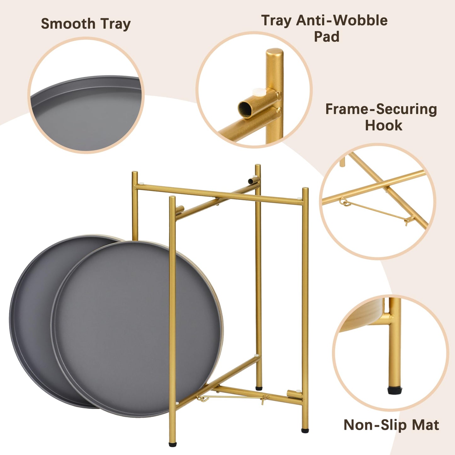 Mordchil HF 2-Tier Round End Side Table, Small Metal Side Table with Removable Tray, Folding Accent Tables for Living Room, Balcony, Nightstand for Bedroom, Outdoor Tables for Patio, Gold&Grey