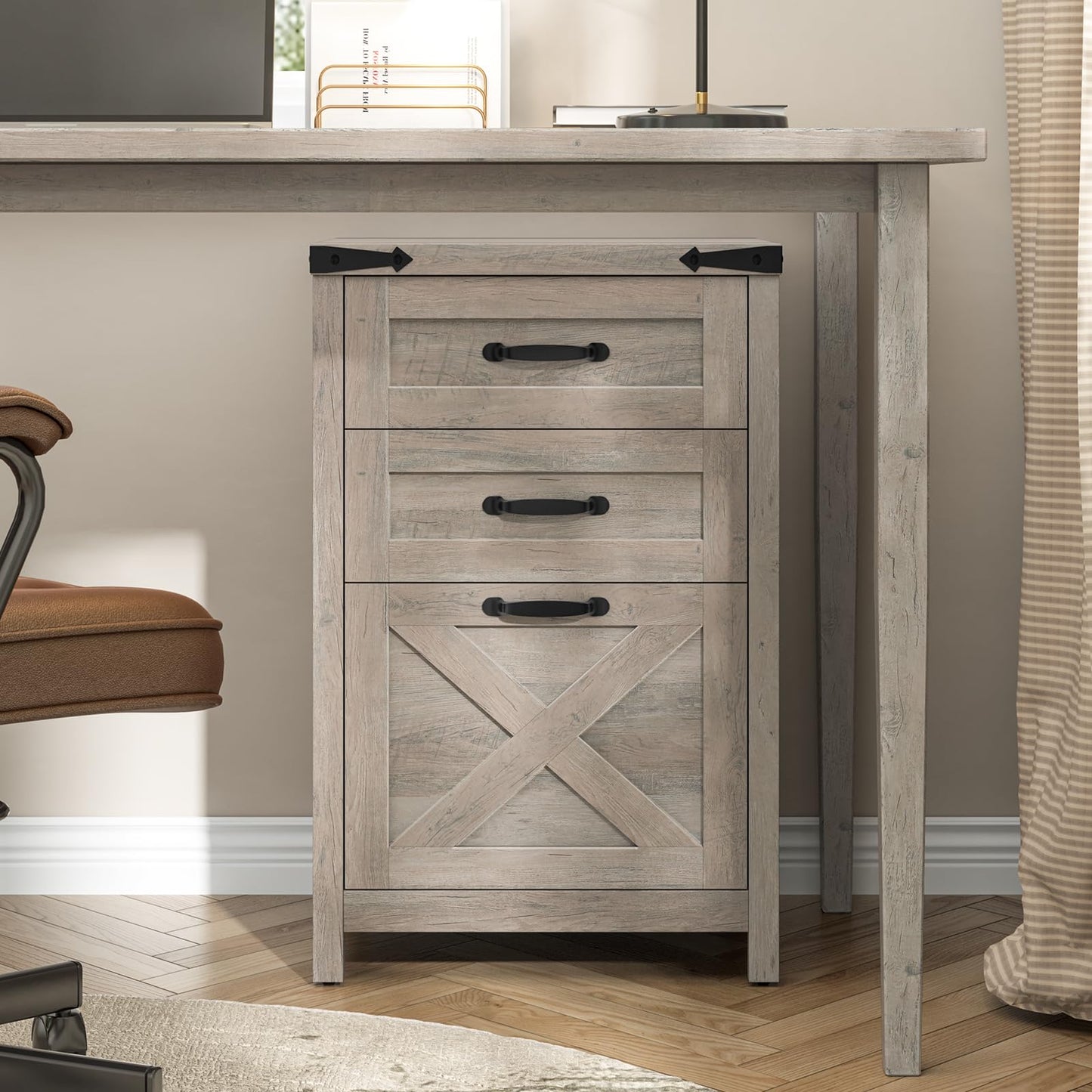 Halitaa 3 Drawer Small File Cabinet, Farmhouse Vertical Filing Cabinet Fits Letter and A4 Size, Under Desk Wooden File Cabinets for Home Office, Printer Stand, Rustic Grey