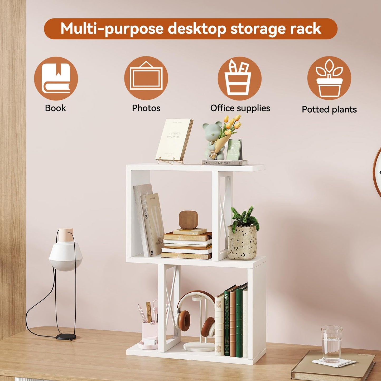 IBUYKE Desktop Bookshelf, 3-Tier Table Bookcase Shelves Storage Organizer Hutch for Office/Dorm, Solid Ability Desk Shelve UTMZ011W