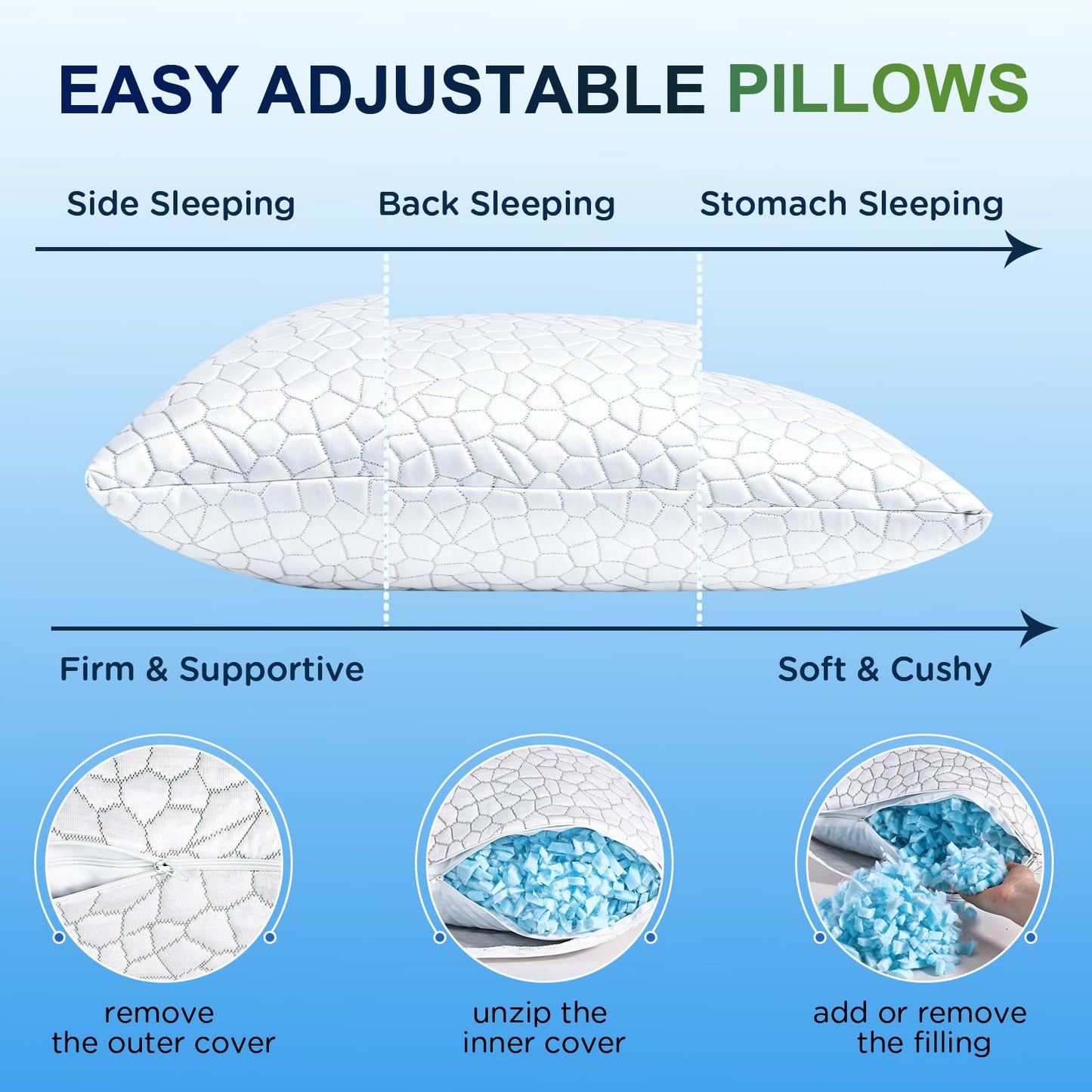 Side Sleeper Pillow for Neck and Shoulder Pain Relief, Cervical Neck Support Pillow for Side Sleepers, Cooling Shredded Memory Foam Pillows for Hot Back Sleepers, Adjustable Curved Queen Bed Pillows