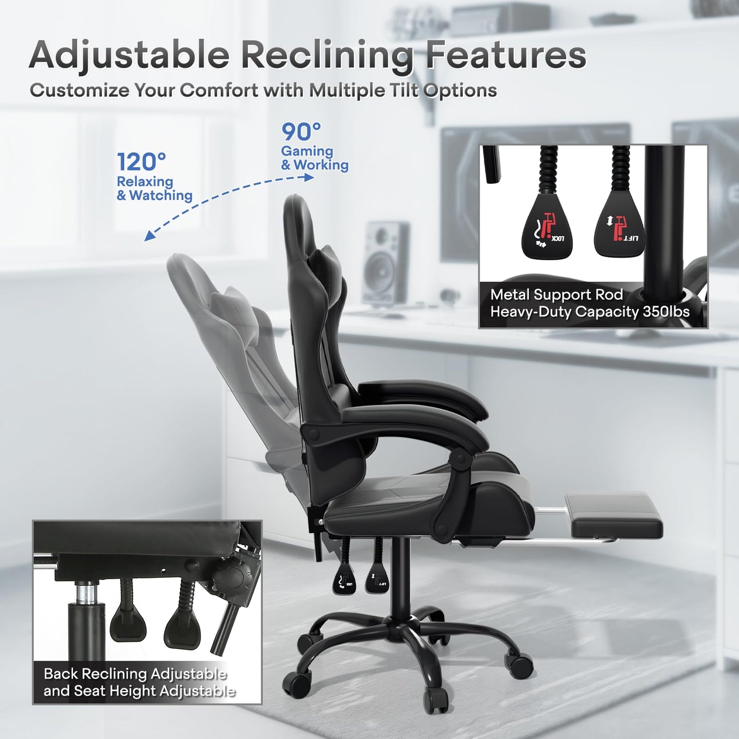 Athena Collection Ergonomic Gaming Chair with Footrest & Headrest Lumbar Support, Height Adjustable Swivel Office Chair Reclining Game Chair High Back Computer Chair for Adults, Carbon Fiber Black