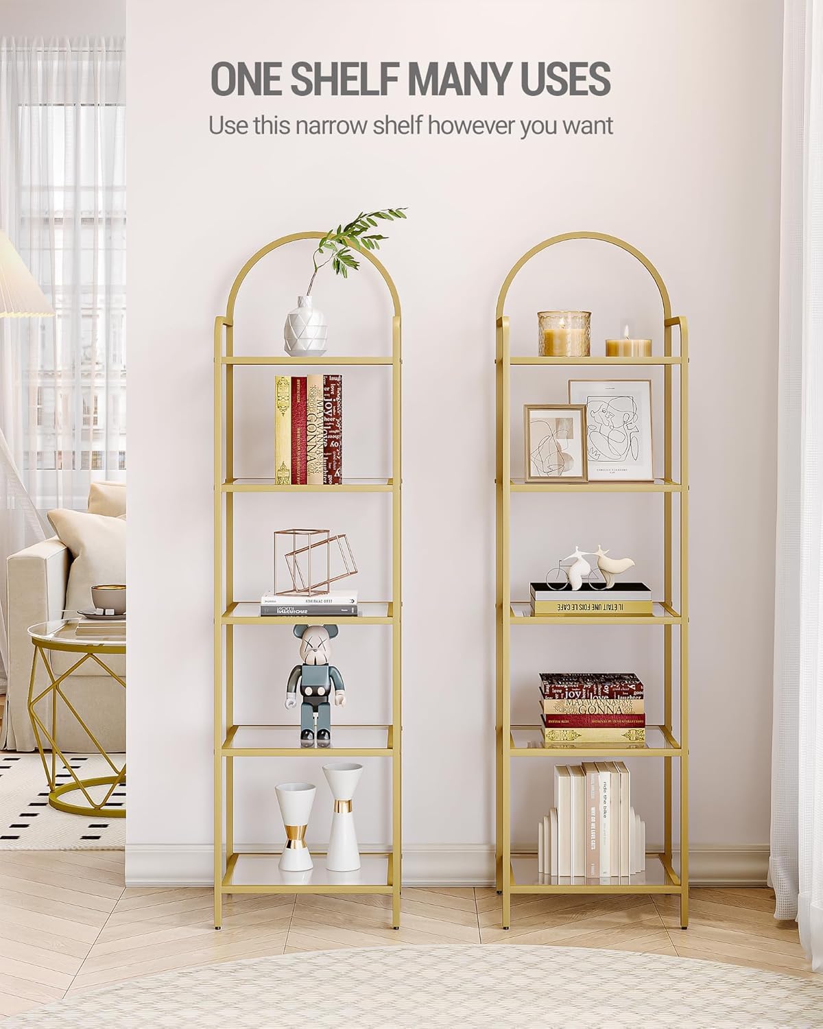Hzuaneri Bookcase Bookshelf, Tempered Glass Bookshelves, Slim Shelving Unit for Bedroom, Bathroom, Home Office, Steel Frame, 5 Tier Gold BC05001G