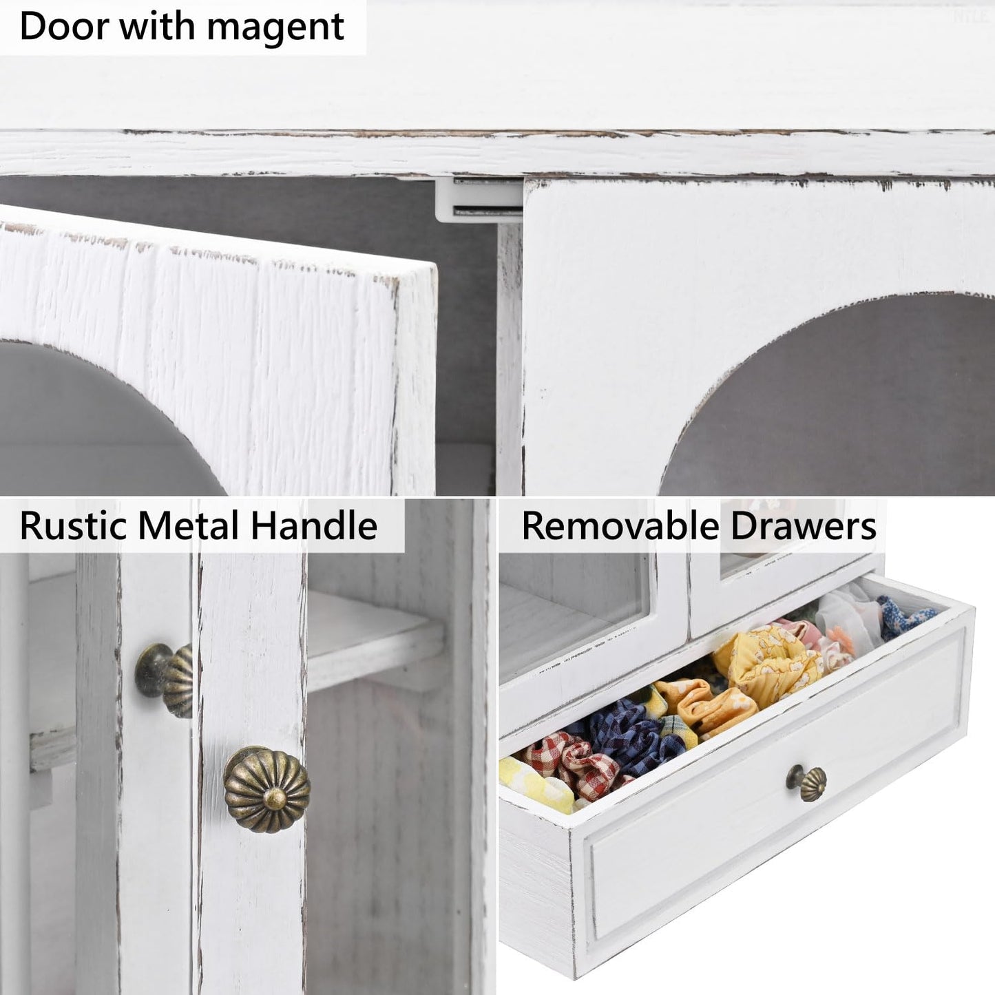 Ikee Design Wooden Countertop Storage Cabinet with Magnetic Door, Adjustable Shelves, Removable Hooks and Drawer for Perfume, Makeup, Pantry, Antique White, 12.2 W x 6 D x 15.7 H in
