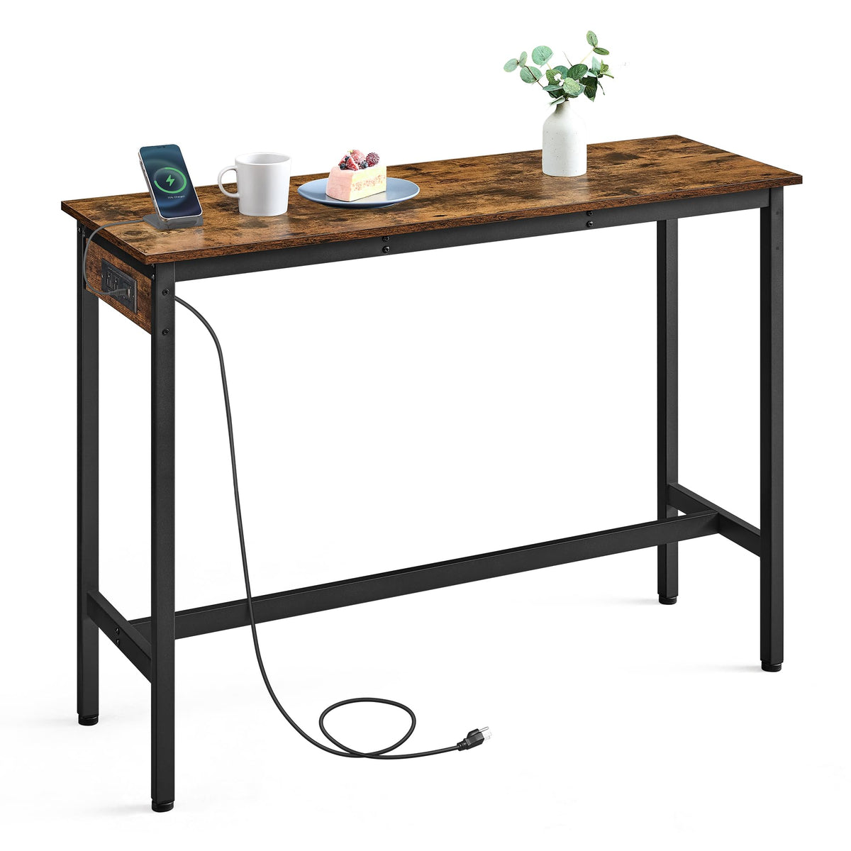 VASAGLE Bar Table, Narrow Long Kitchen Dining Table with Charging Station, Sturdy Metal Frame, Industrial, 15.7 x 47.2 x 35.4 Inches, Rustic Brown and Ink Black ULBT121K01