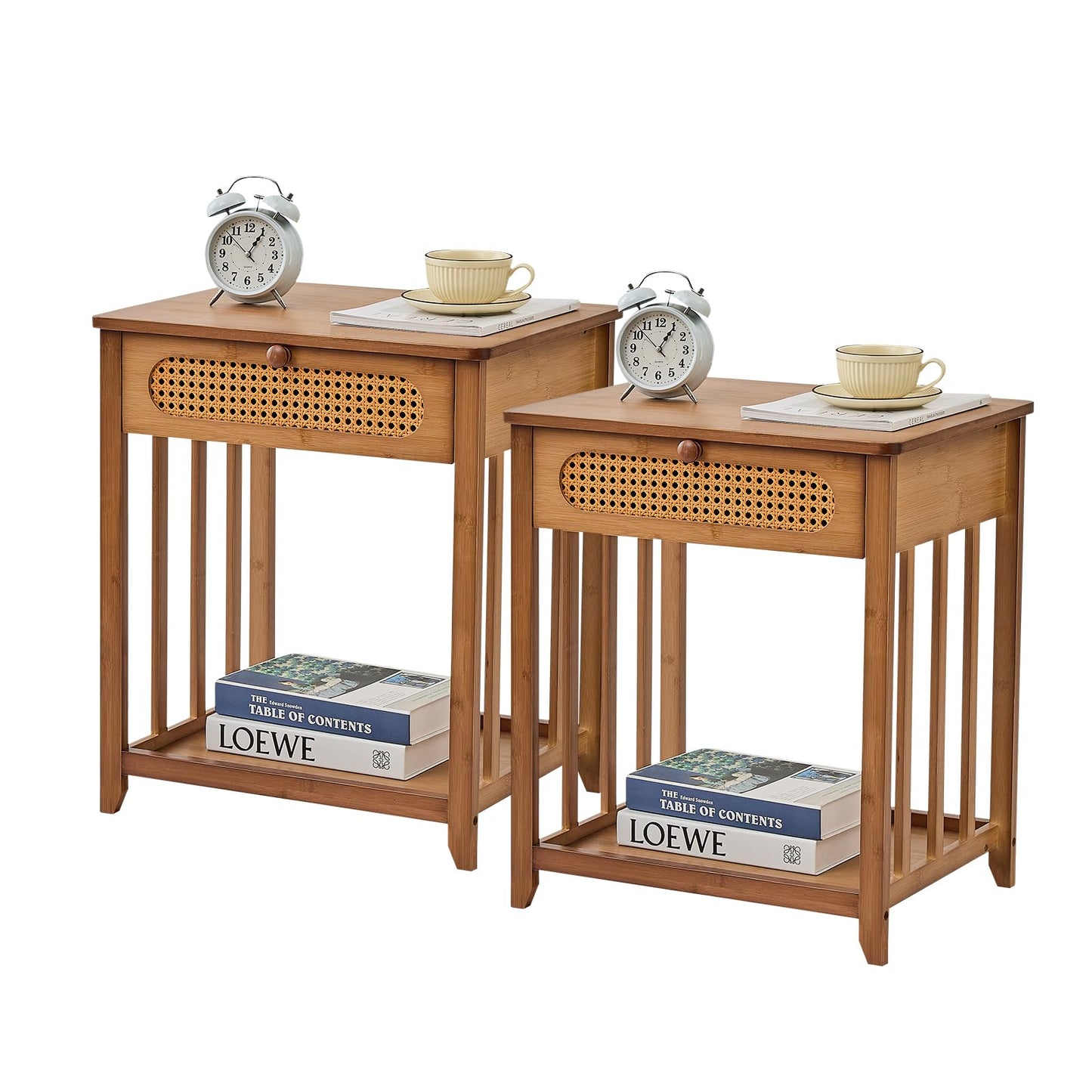 oakvivo Night Stands Set of 2, Rattan Nightstands Bedside Table, 19.7" Wide Bamboo End Bed Tables with Drawer & Open Storage Shelf, Farmhouse Side Tables for Bedroom, Sofa, Small Space, Walnut
