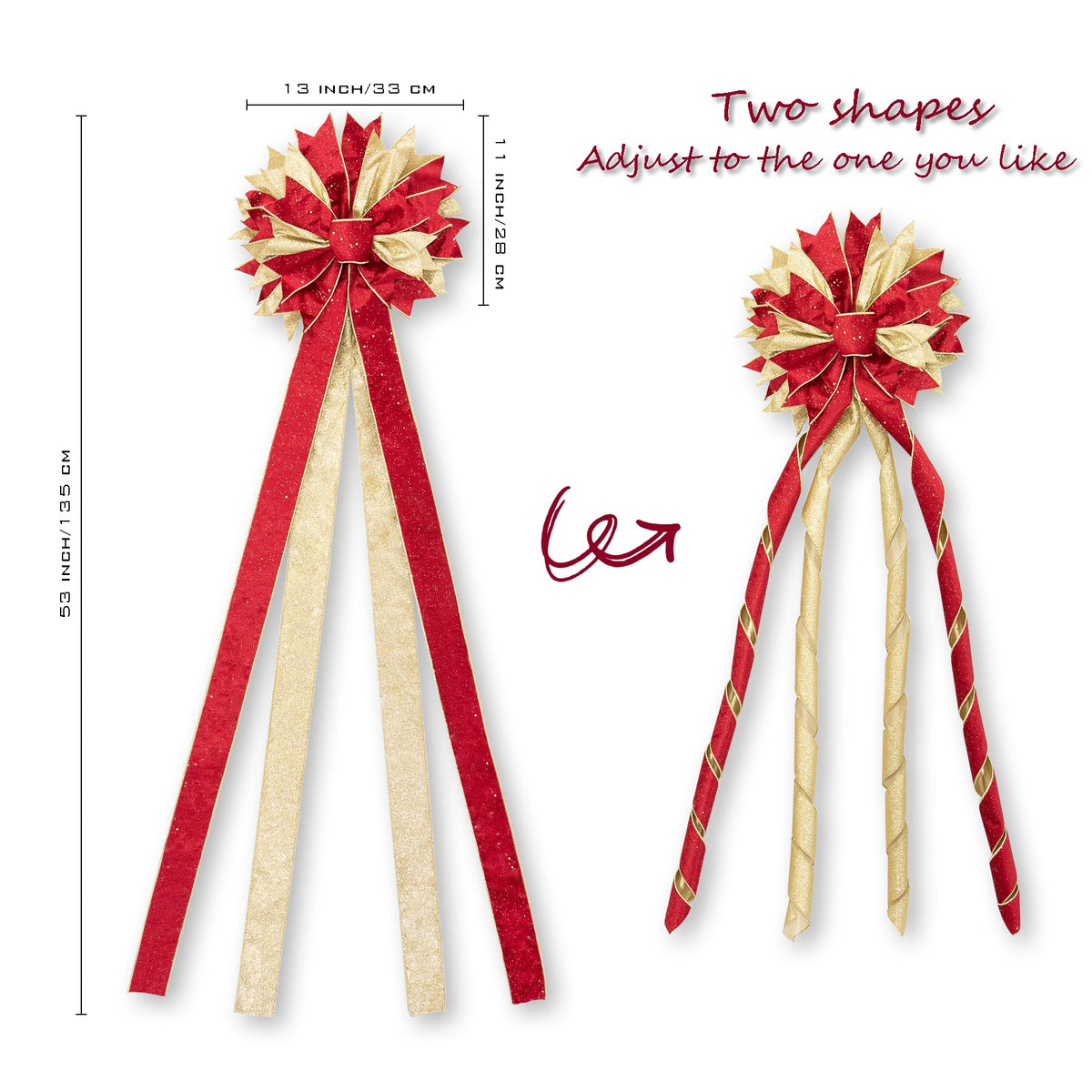 Hismir Christmas Tree Topper Bow, 53x13 Inches Large Christmas Bow with Glitter Streamer, Decorative Ribbon Bows for Xmas Tree Wreath Door Festival Home Decor(Red & Gold)