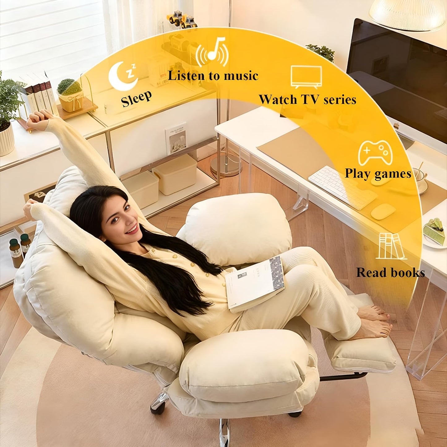 Lazy Sofa Gaming Chair,with Retractable Footrest 360 Swivel Study Chair Lift Computer Gaming Chair Ergonomic Office Chairs Reading Chair for Living Room Bedroom Office