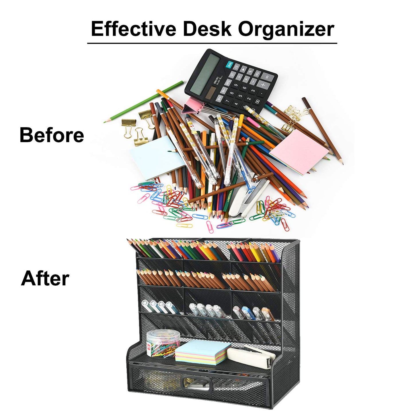 Marbrasse Mesh Pen Holder for Desk, Multi-Functional Pencil Organizer with Drawer, Desk Organizers and Accessories for Office Art Supplies (Large Black)