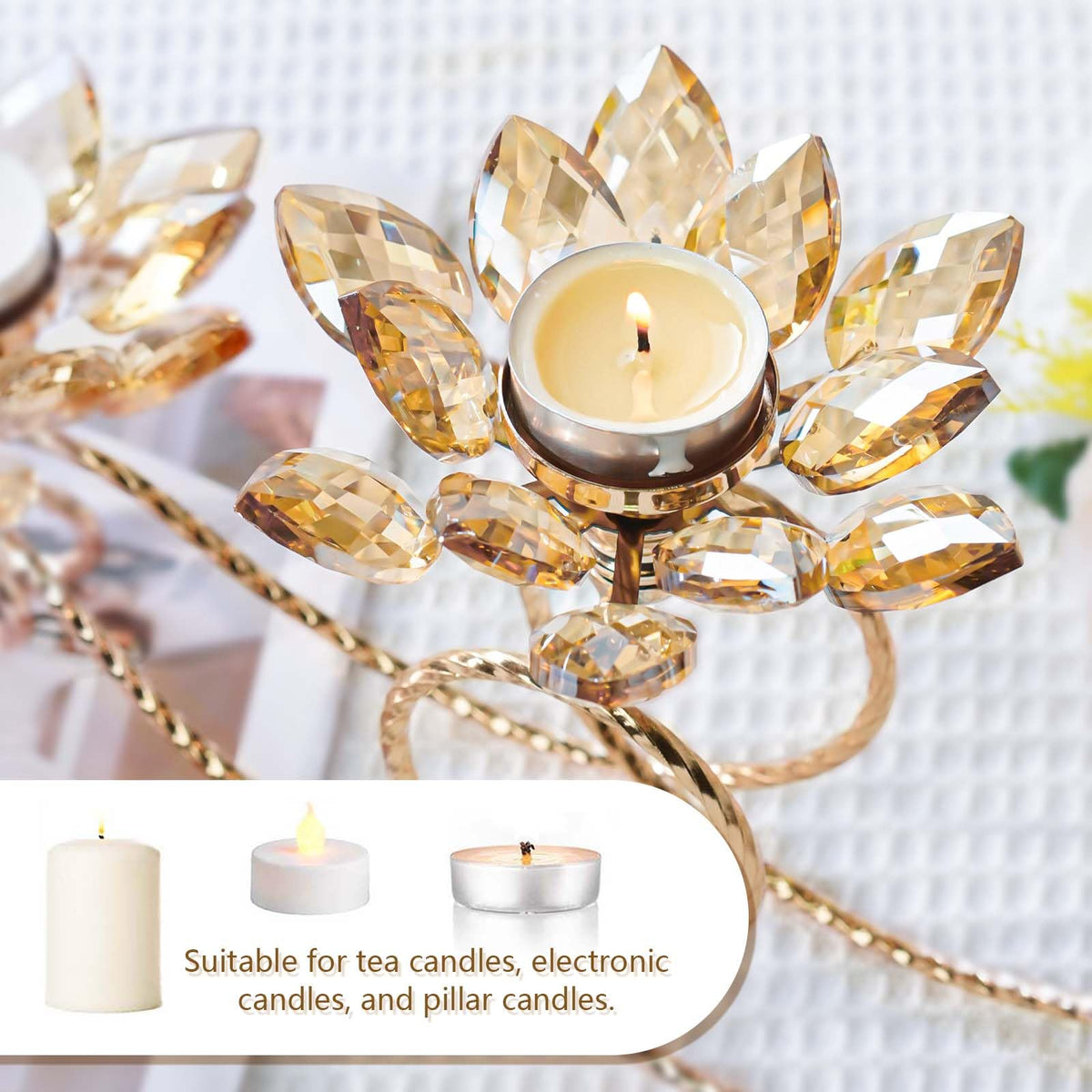 2Pcs Gold Kehail Crystal Metal Tea Light Candle Holder Set, 3-Arm Flower Shaped Crystal Votive Candlestick Holders for Table Centerpiece, Wedding Shower, Party and Home Decor