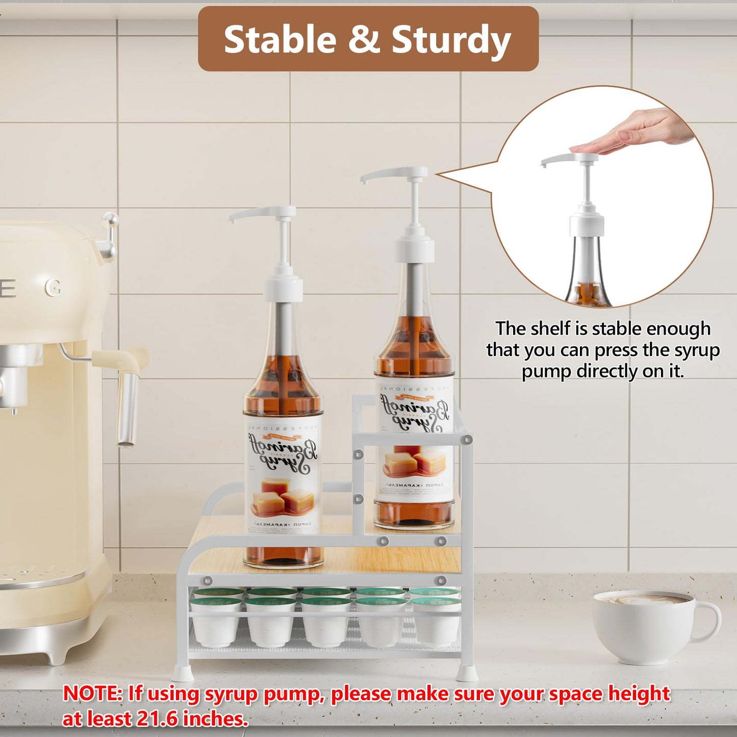 Coffee Syrup Rack Organizer, 3-Tier 8 Bottles Syrup Rack with 35 K Cup Storage Basket for Coffee Bar, Countertop Bottle Holder Stand for Wine, Dressing for Kitchen Cafe Station- White