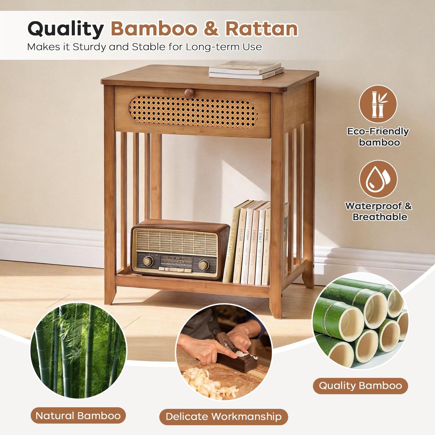 oakvivo Night Stands Set of 2, Rattan Nightstands Bedside Table, 19.7" Wide Bamboo End Bed Tables with Drawer & Open Storage Shelf, Farmhouse Side Tables for Bedroom, Sofa, Small Space, Walnut