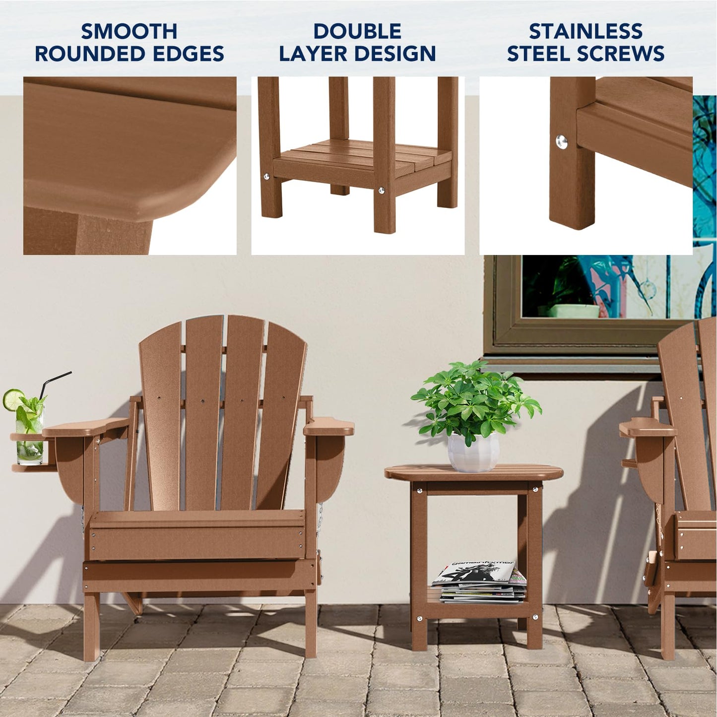 nalone Adirondack Side Table 16.5" Outdoor Side Table HDPE Plastic Double Adirondack End Table Small Table for Patio (Teak)