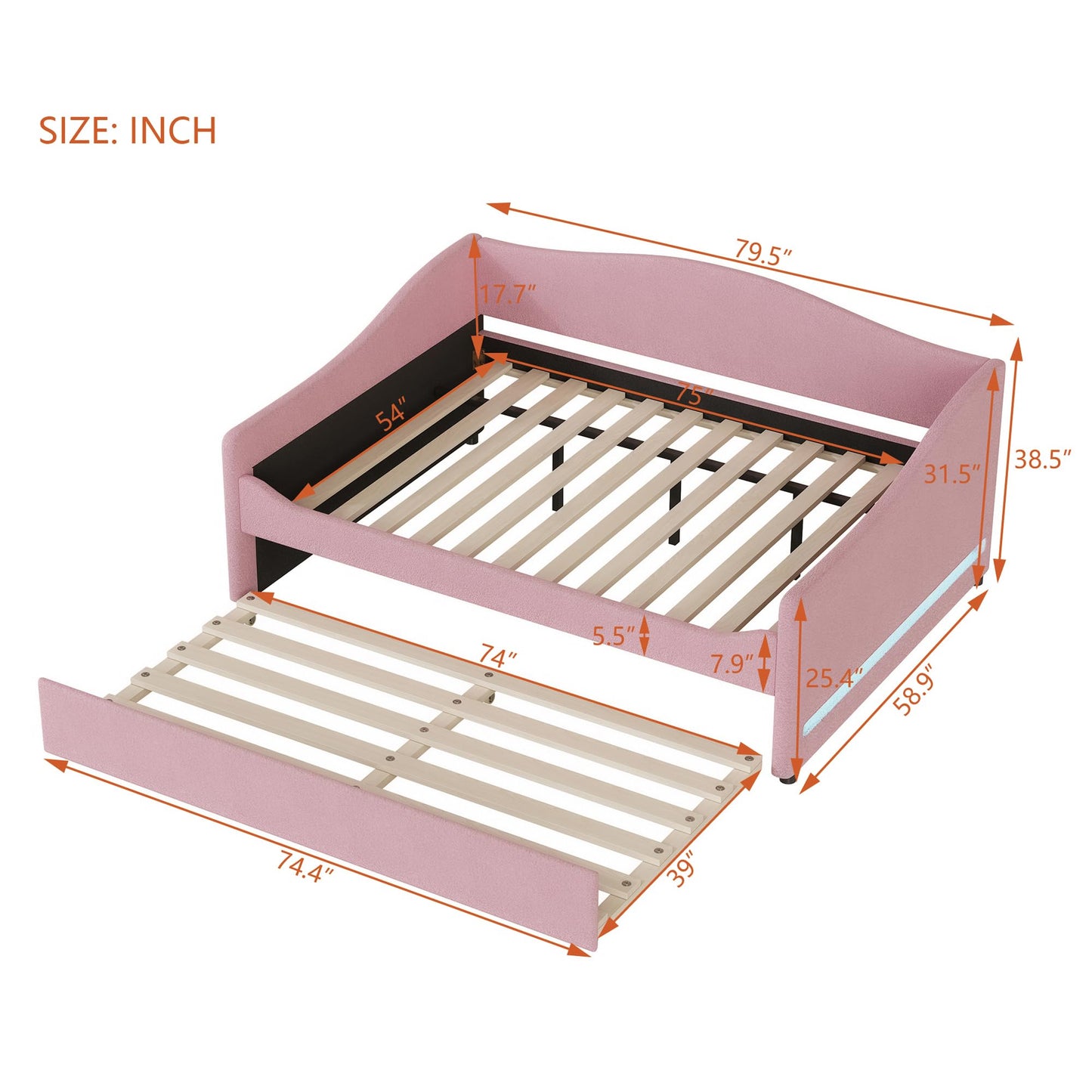 Full Size Upholstered Daybed with Trundle,Teddy Fleece Full Daybed Frame,Full Day Bed with LED Light,Tufted Sofa Bed Daybed for Bedroom,Living Room,Guest,Pink