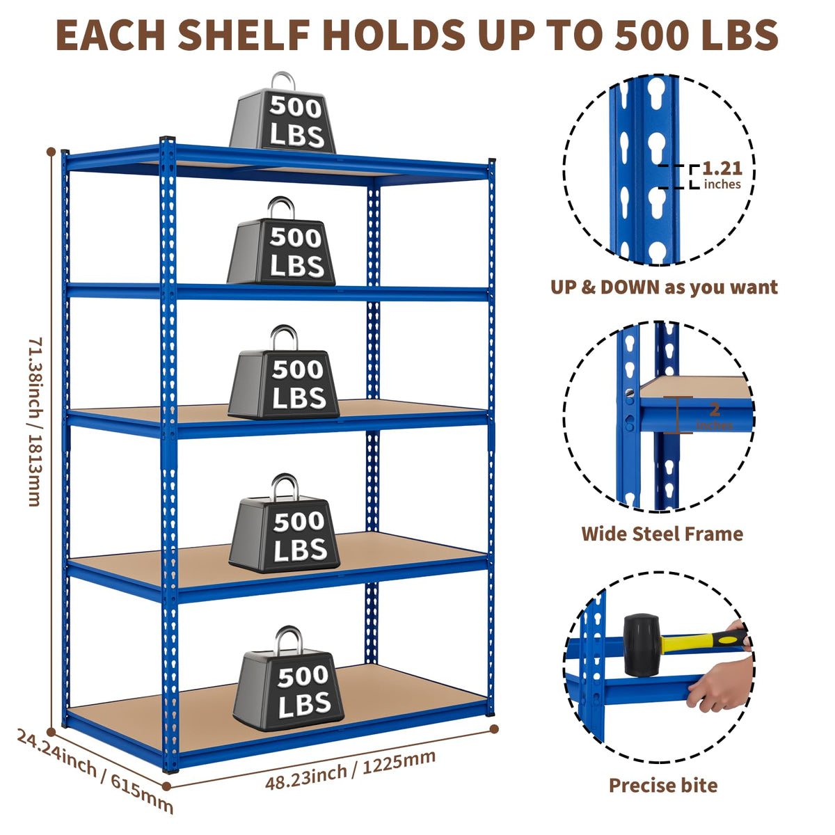 MERXENG 2500LBS Heavy Duty Garage Shelving, 5-Tier Adjustable Storage Shelves, Industrial Metal Rack Unit for Warehouse, Pantry, Garage Organization, 48" W x 24" D x 71" H, Blue