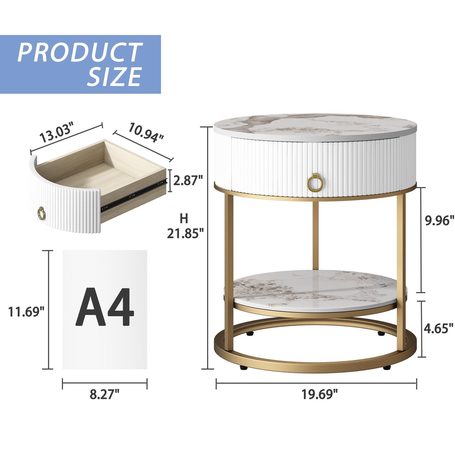 OIOG Round Side Table with Drawer, 2 Tier Night Stand with Shelf, Modern Side Table with Gold Legs for Living Room, Bedroom, Dorm, Marbling Natural Stone/Gold