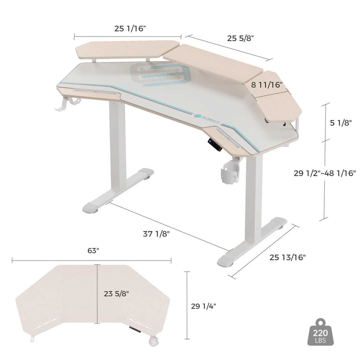 EUREKA ERGONOMIC Standing Desk,63" Electric Adjustable Height Computer Desk,Wing Shaped Music Studio Desk, LED Monitor Stands, Dual Motor&Slot, Maple