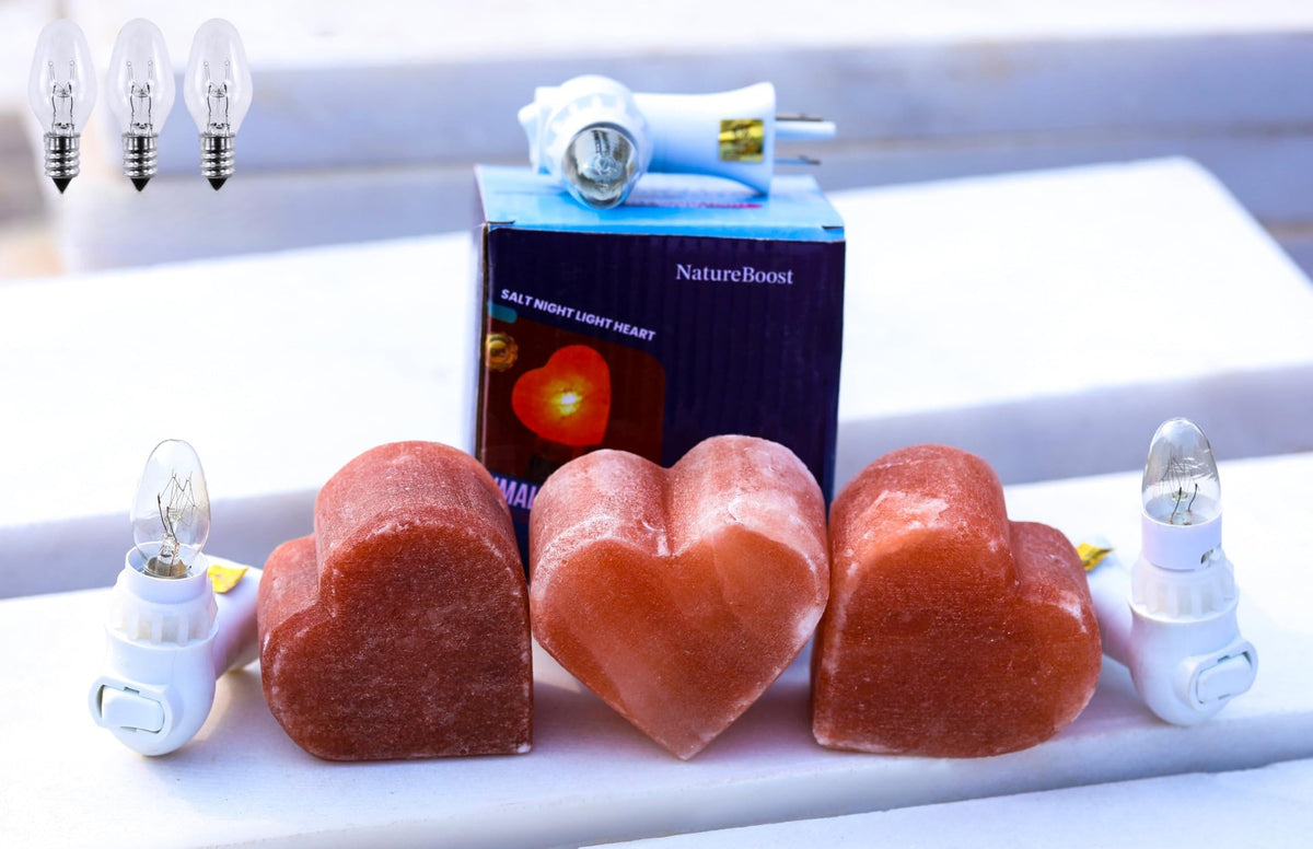 NatureBoost Himalayan Pink Salt Night Light Heart 3 Pack Decorative Ambient Night Lights for Bedroom, Bathroom, Nursery & Home Décor