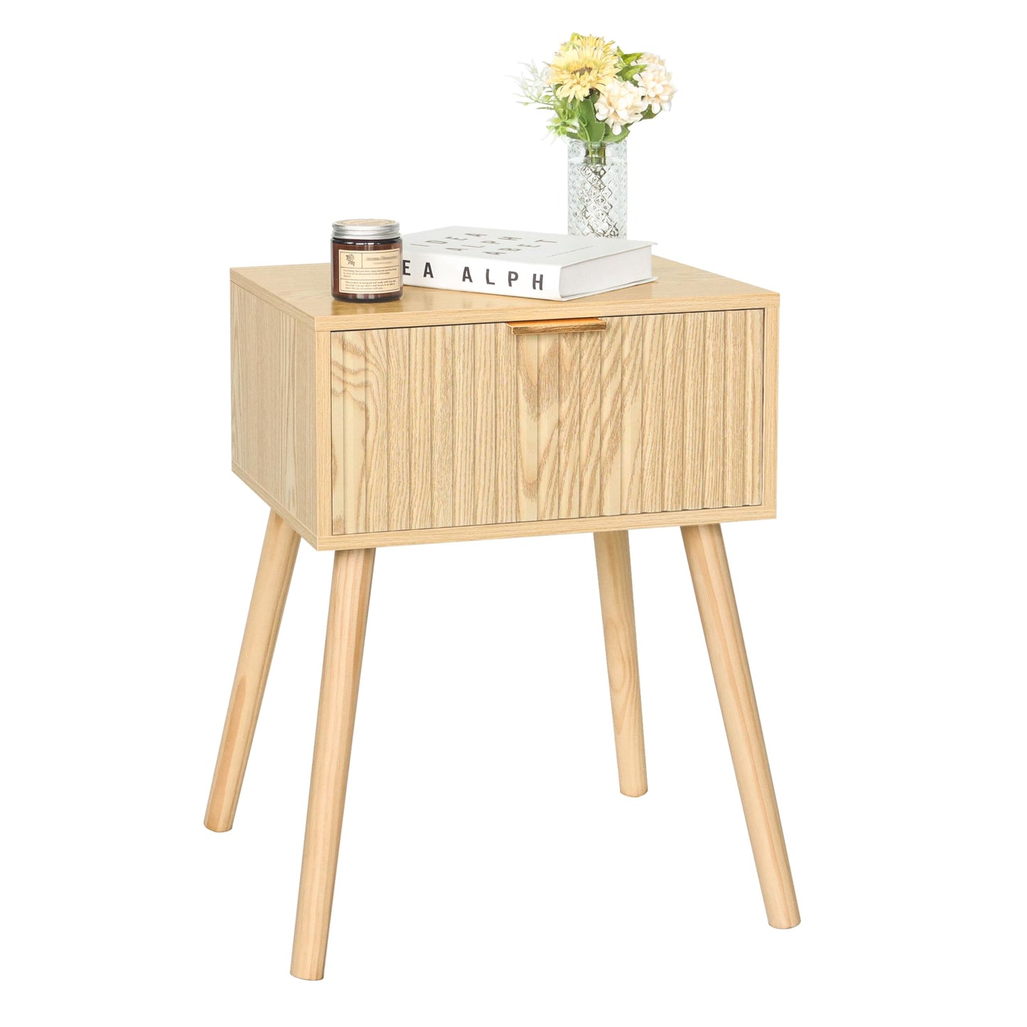 AWASEN Fluted Nightstand, Small End Tables Living Room, Wood Bedside Side Table with Storage Drawer for Bedroom and Small Space, Natural