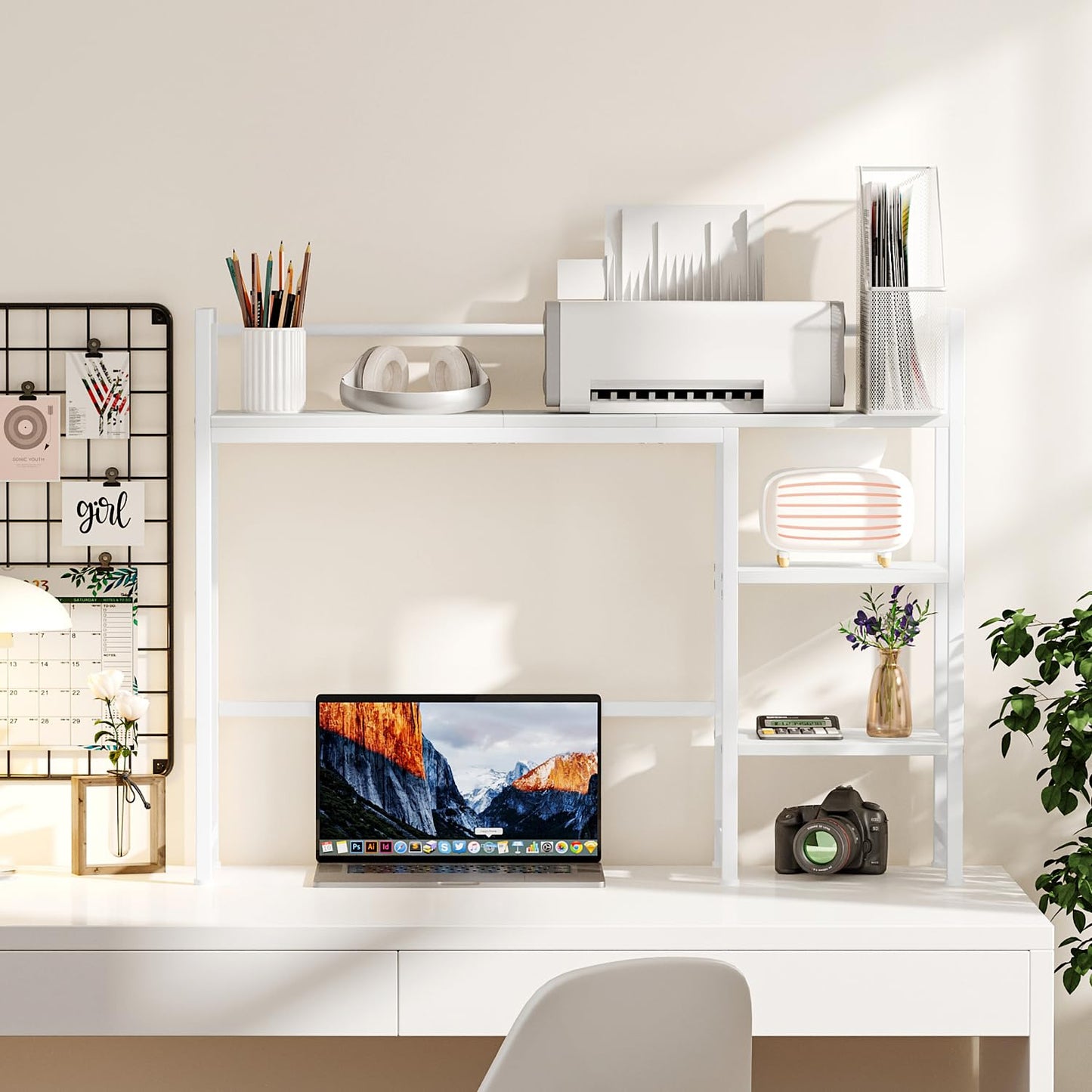 Snughome Desk Shelf, 38.6" Desktop Organizer Shelf, Desk Hutch for Computer Monitor, 4 Tier Desk Display Rack, Wood Desktop Bookshelf Storage Rack for Home Office Dorm, White